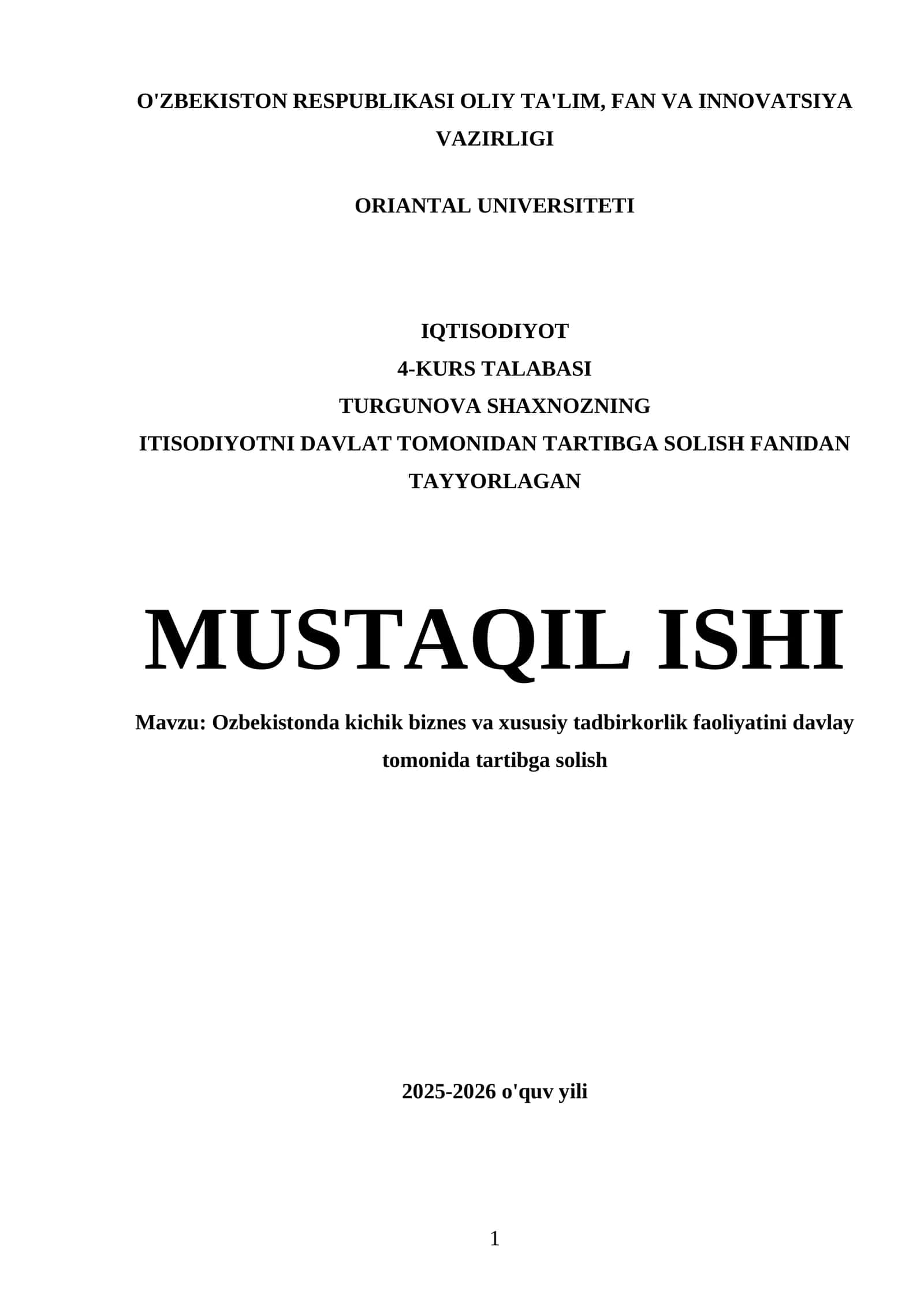 Ozbekistonda kichik biznes va xususiy tadbirkorlik faoliyatini davlat tomonida tartibga solish