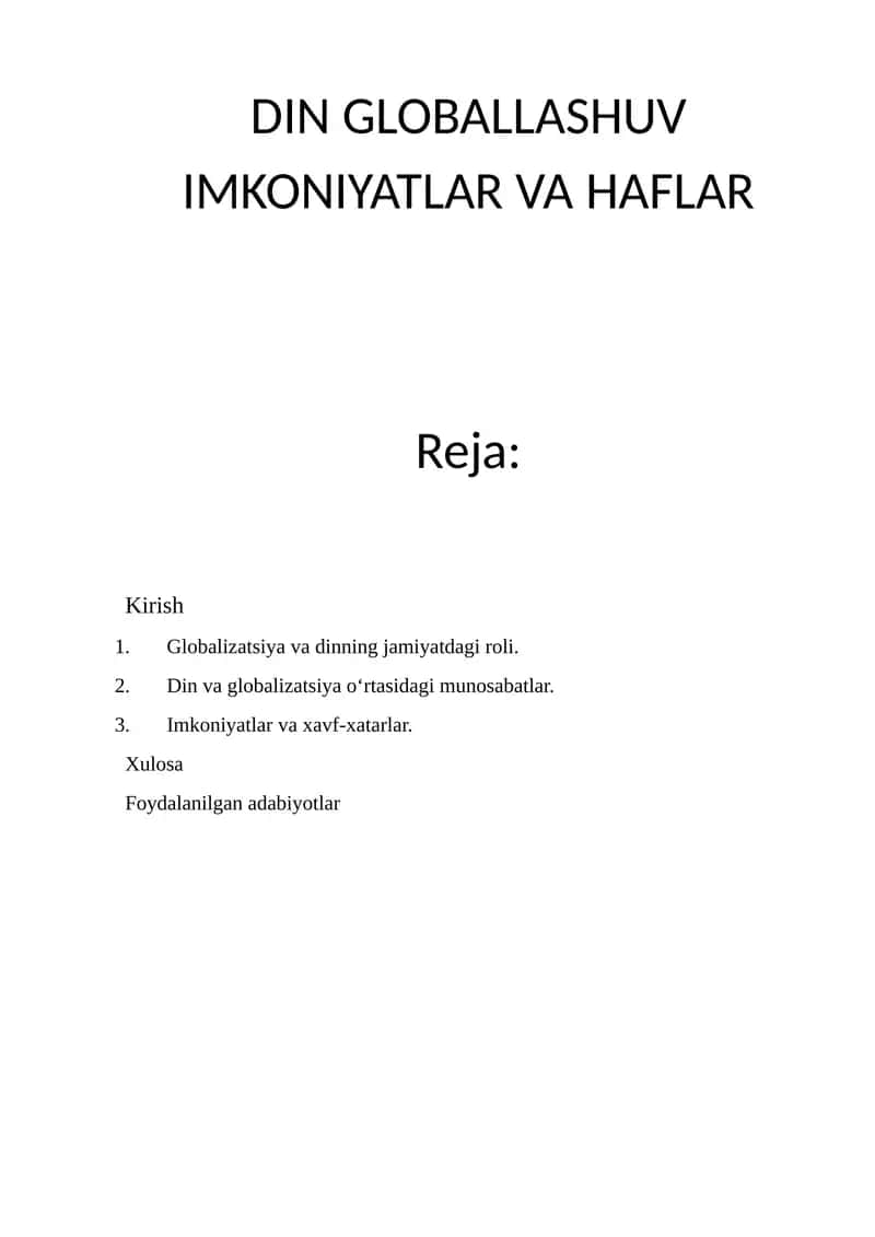 DIN GLOBALLASHUV IMKONIYATLAR VA HAFLAR