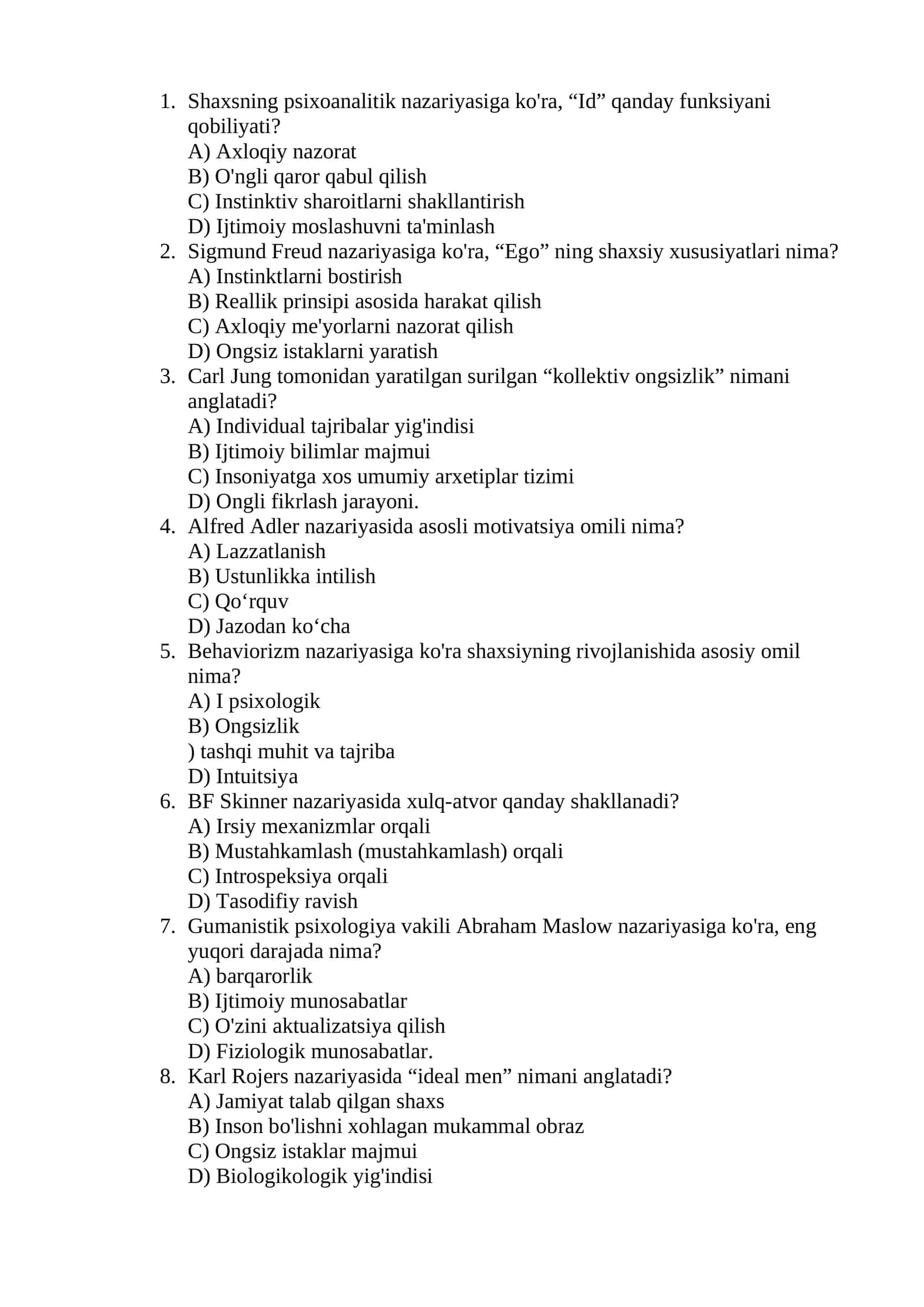 Shaxsning psixoanalitik nazariyasiga ko'ra, “Id” qanday funksiyani qobiliyati?