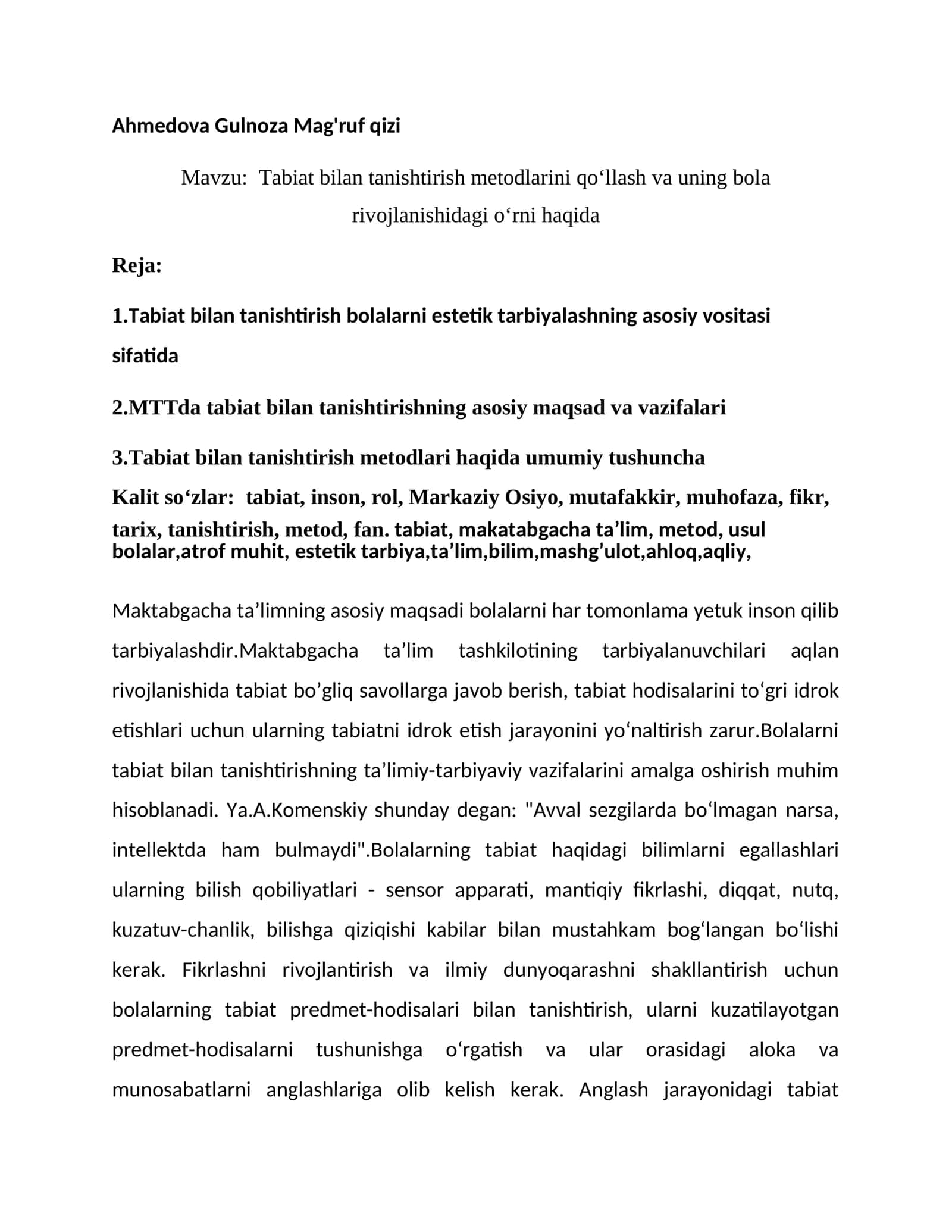 Tabiat bilan tanishtirish metodlarini qo‘llash va uning bola rivojlanishidagi o‘rni haqida