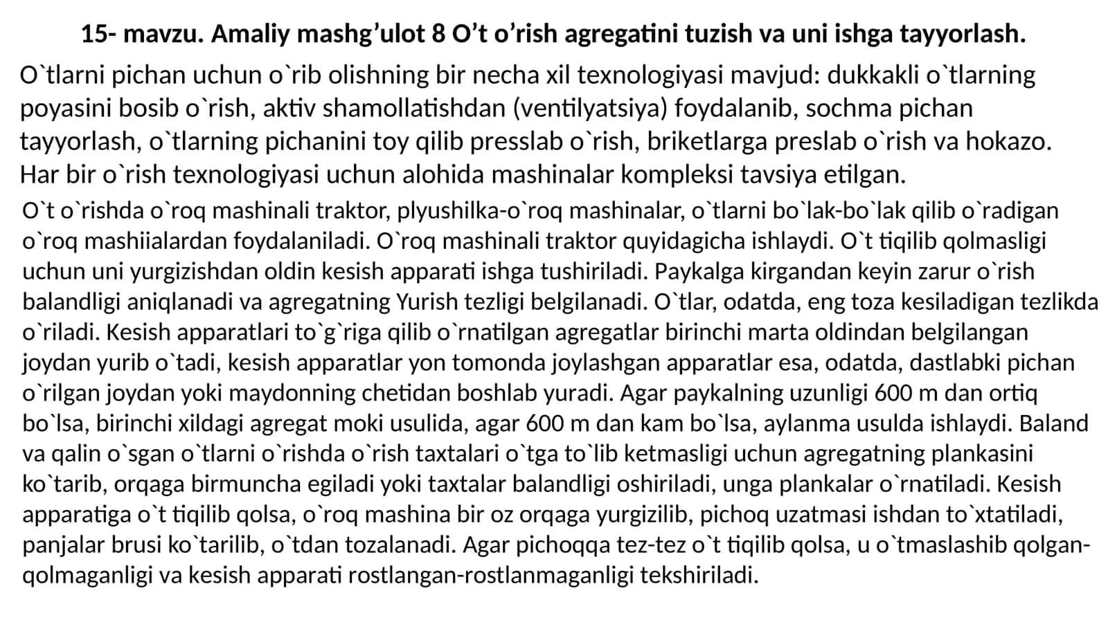 O’to’rish agregatining tuzilishi va uni ishga tayyorlash