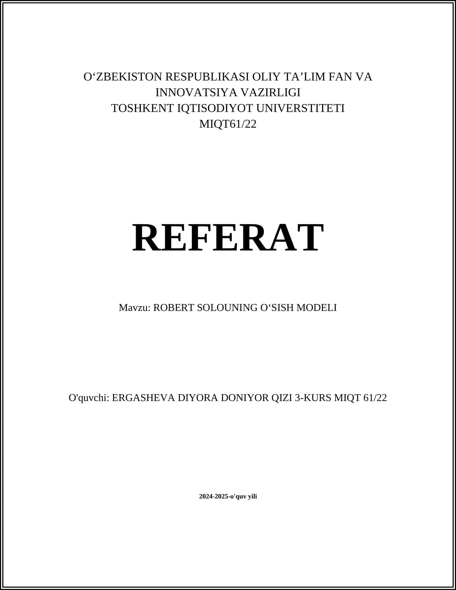 ROBERT SOLOUNING OʻSISH MODELI