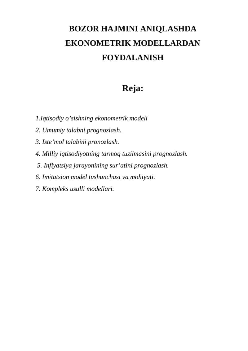 BOZOR HAJMINI ANIQLASHDA EKONOMETRIK MODELLARDAN FOYDALANISH