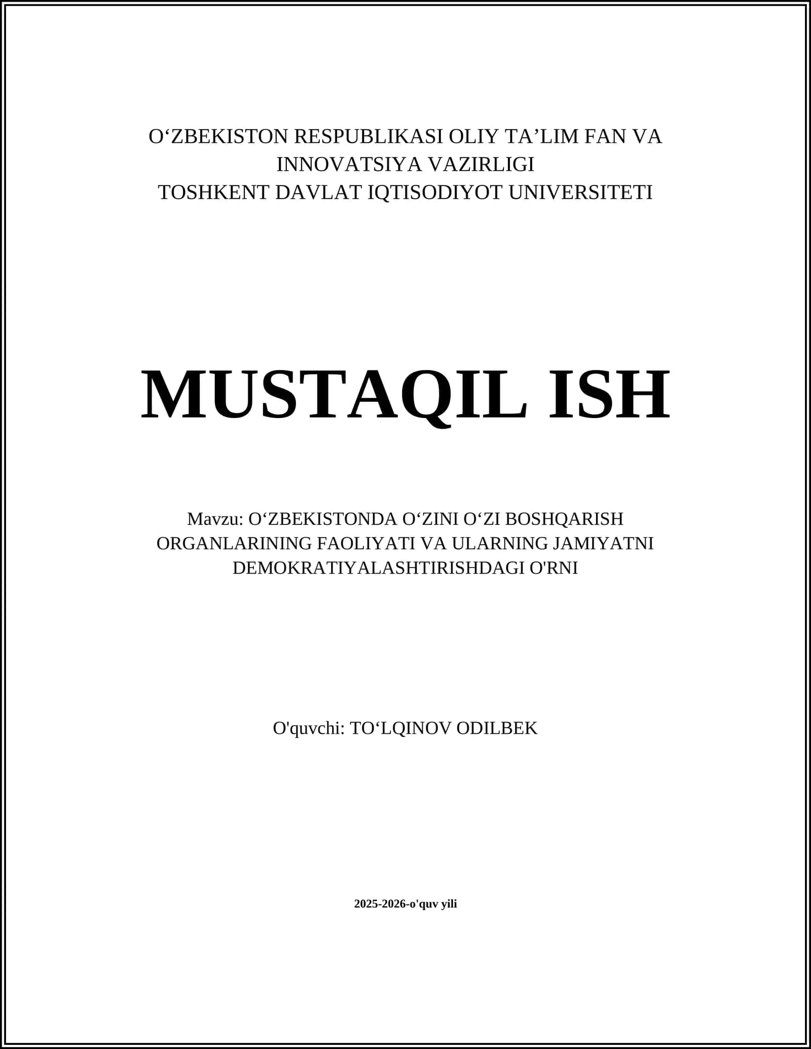 O‘ZBEKISTONDA O‘ZINI O‘ZI BOSHQARISH ORGANLARINING FAOLIYATI VA ULARNING JAMIYATNI DEMOKRATIYALASHTIRISHDAGI O'RNI