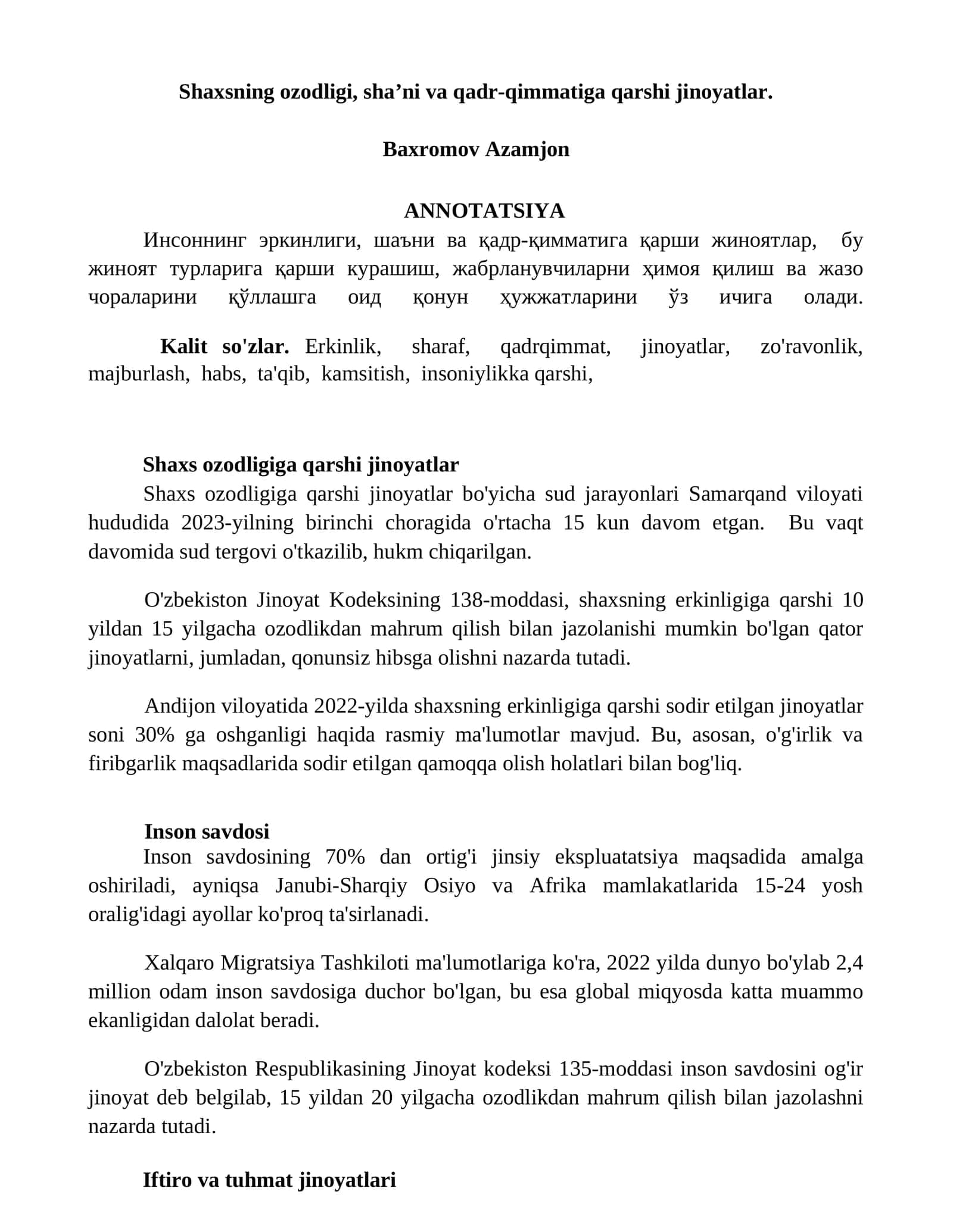 Shaxs ozodligiga qarshi jinoyatlar