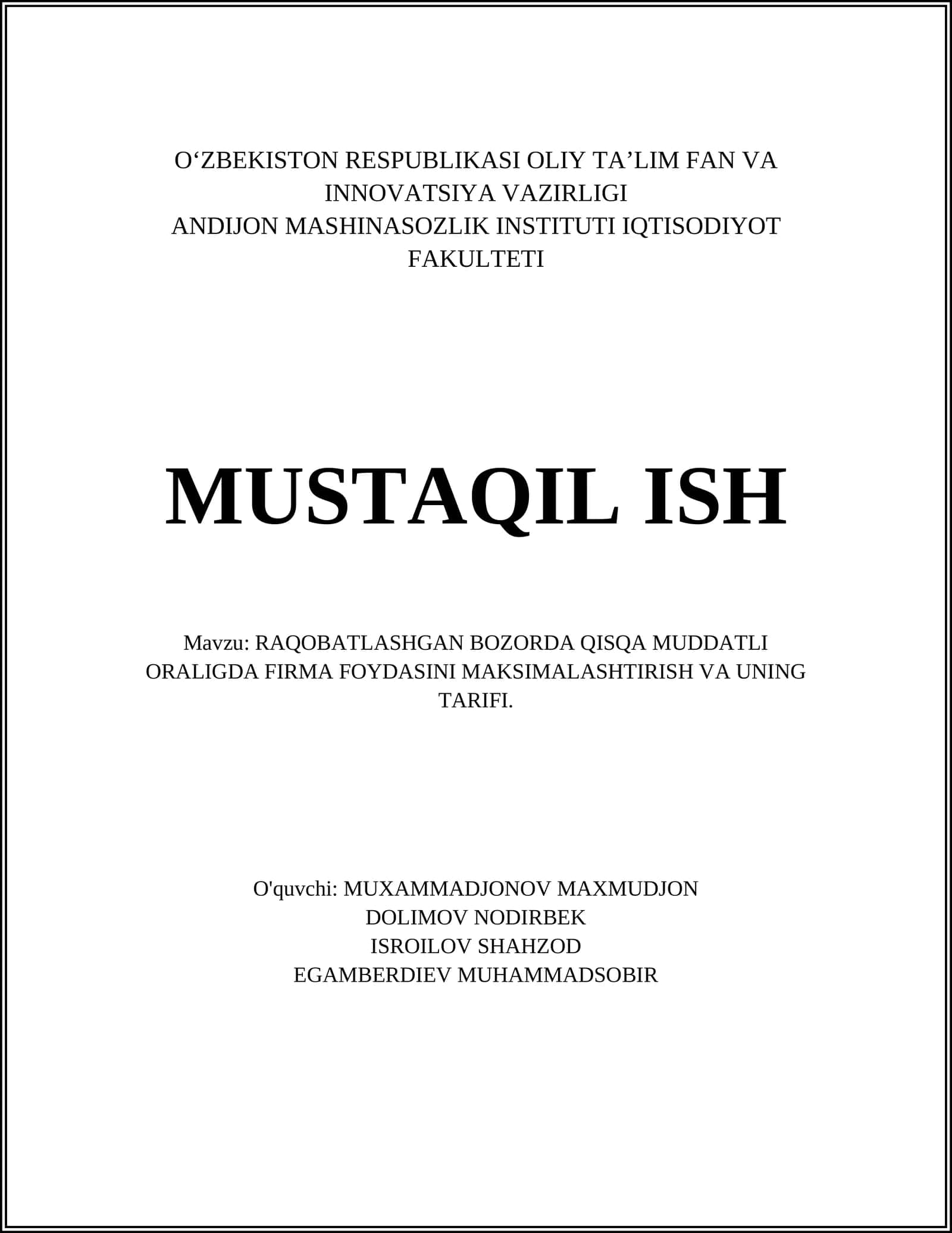 RAQOBATLASHGAN BOZORDA QISQA MUDDATLI ORALIGDA FIRMA FOYDASINI MAKSIMALASHTIRISH VA UNING TARIFI