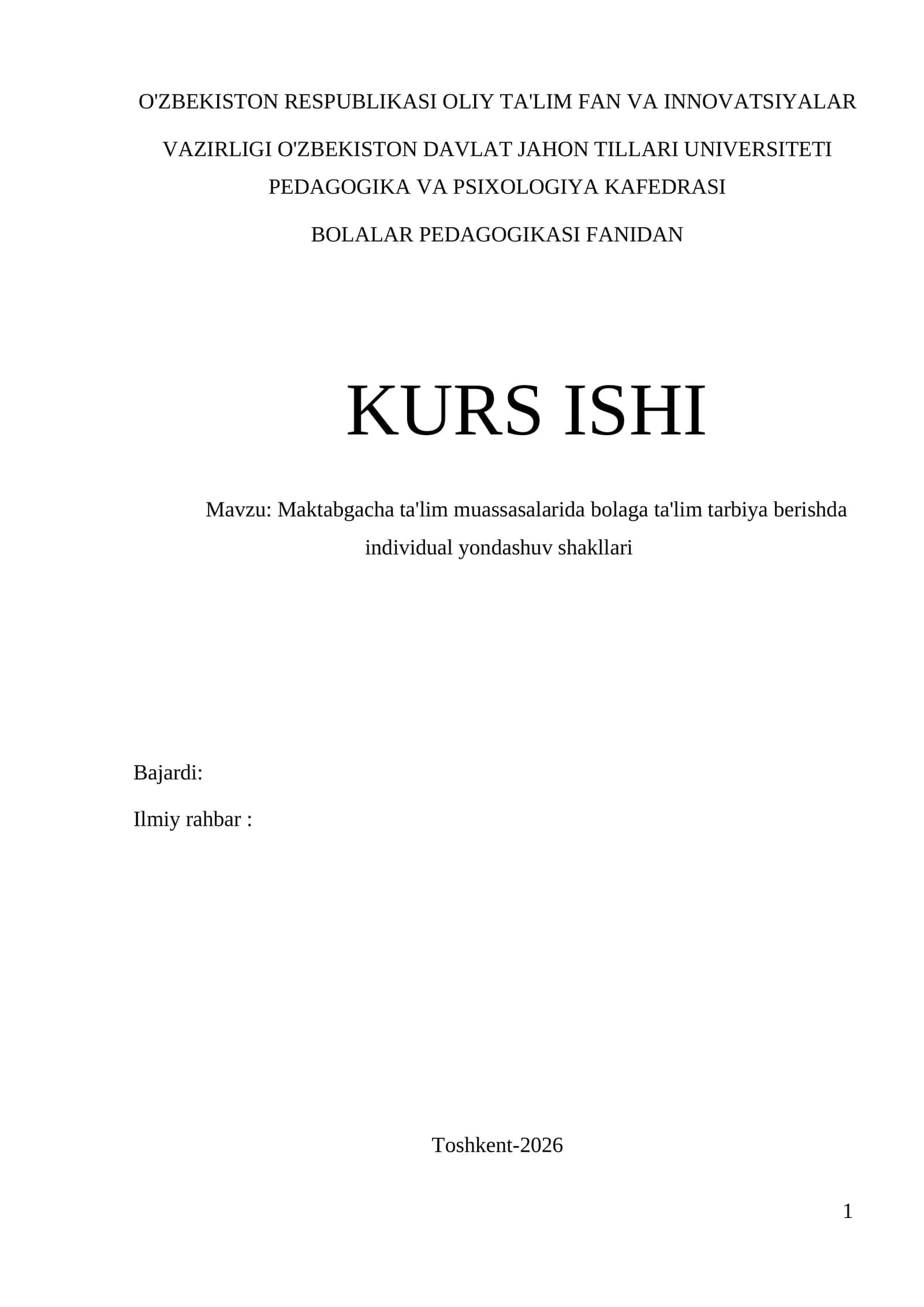 Bolalar Pedagogikasi Fanidan Kurs Ishi