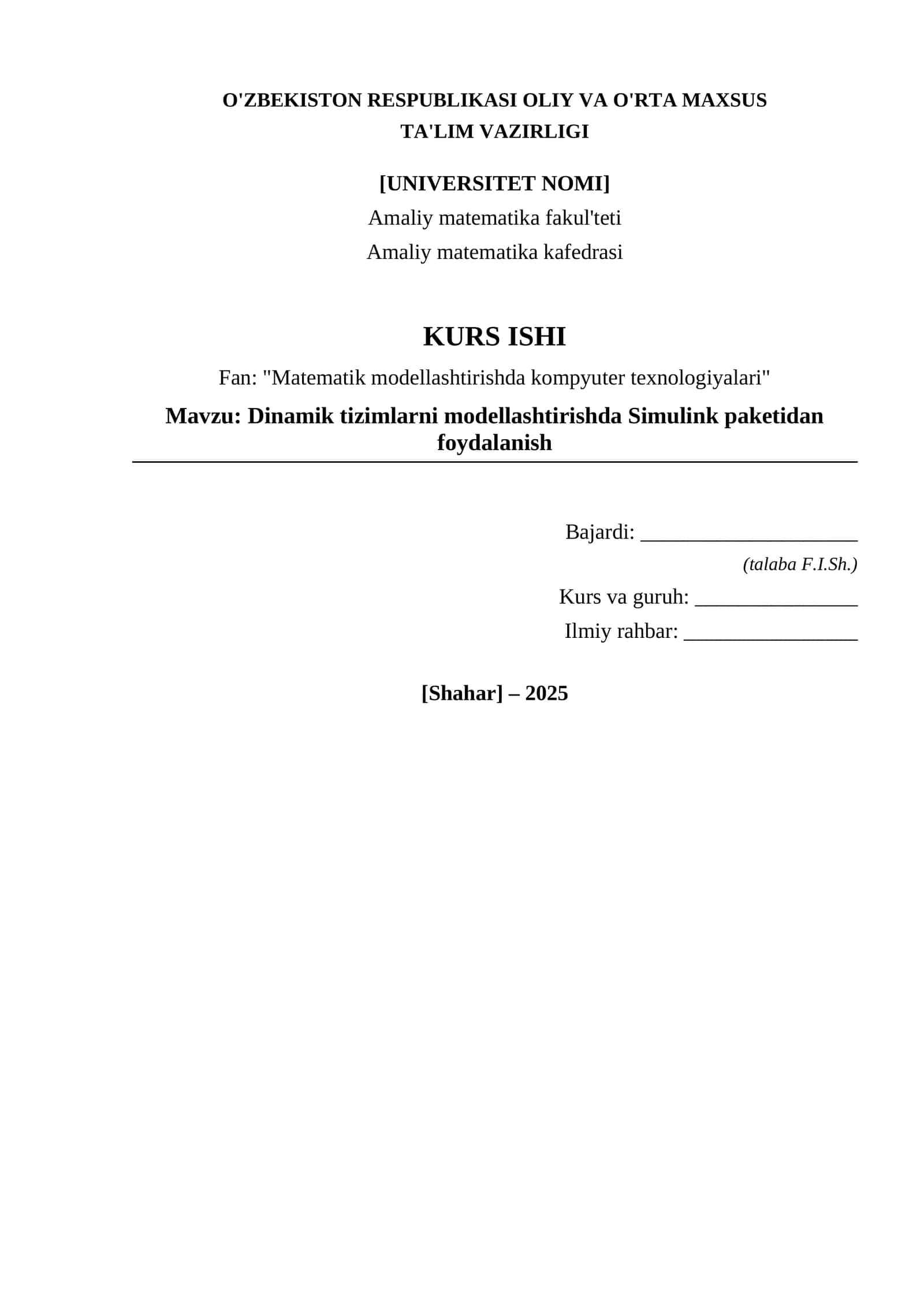 Dinamik tizimlarni modellashtirishda Simulink paketidan foydalanish
