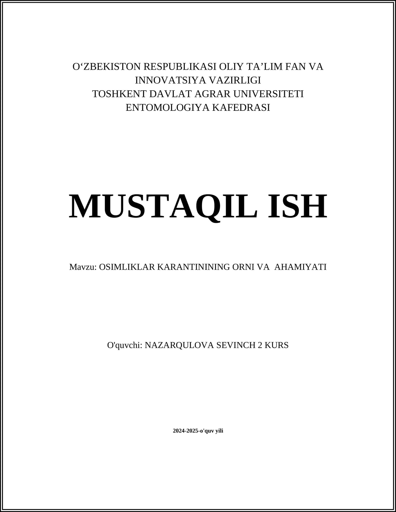OSIMLIKLAR KARANTININING ORNI VA AHAMIYATI