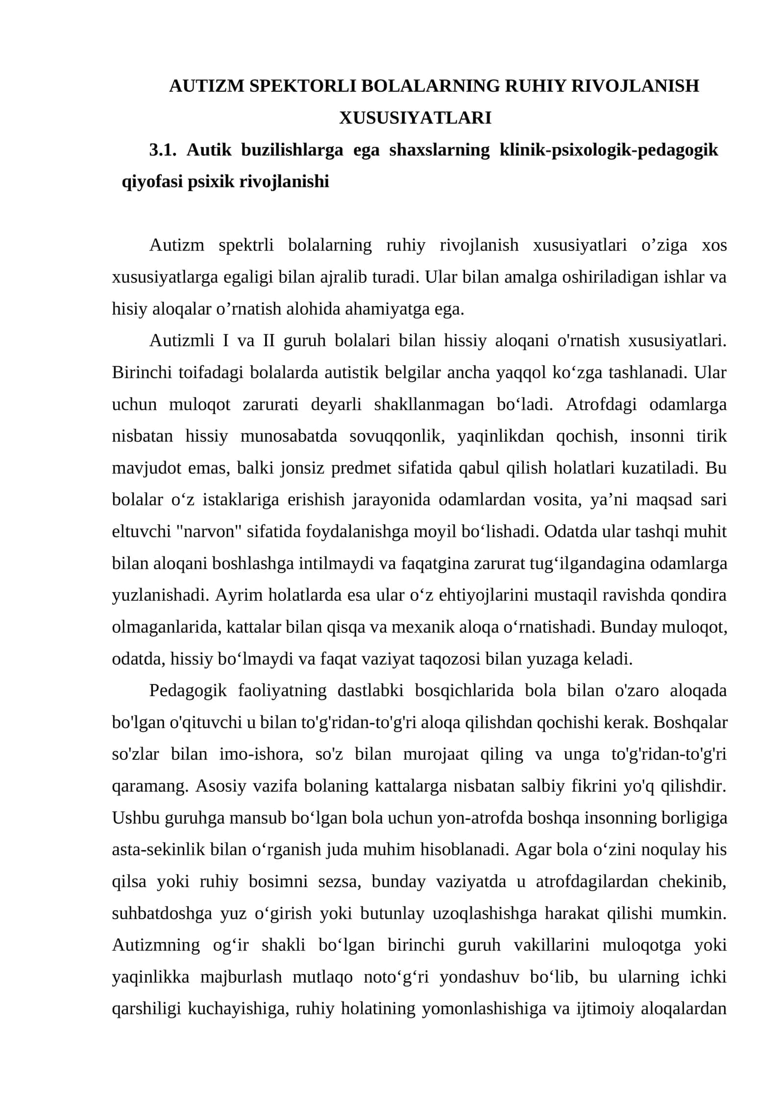 AUTIZM SPEKTORLI BOLALARNING RUHIY RIVOJLANISH XUSUSIYATLARI