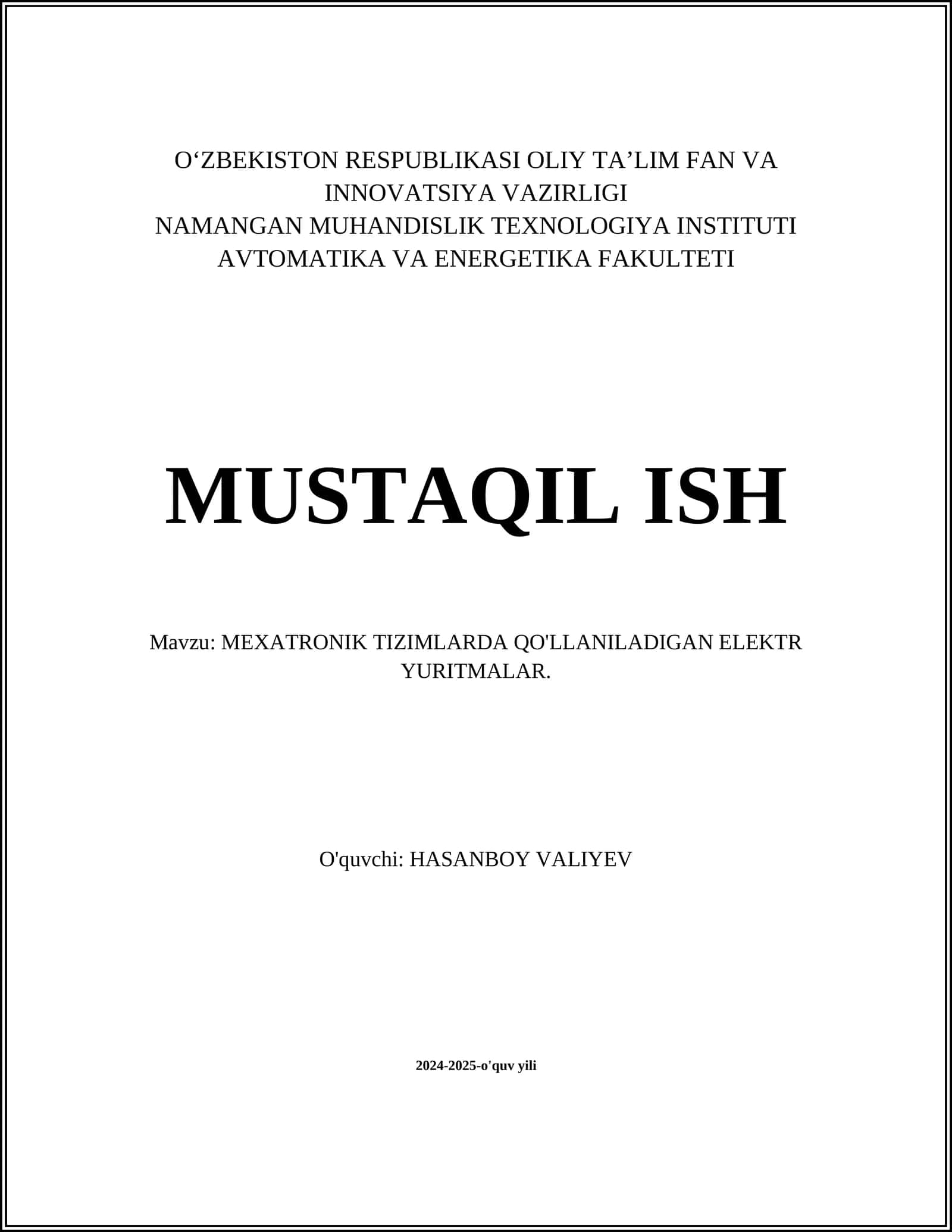 MEXATRONIK TIZIMLARDA QO'LLANILADIGAN ELEKTR YURITMALAR