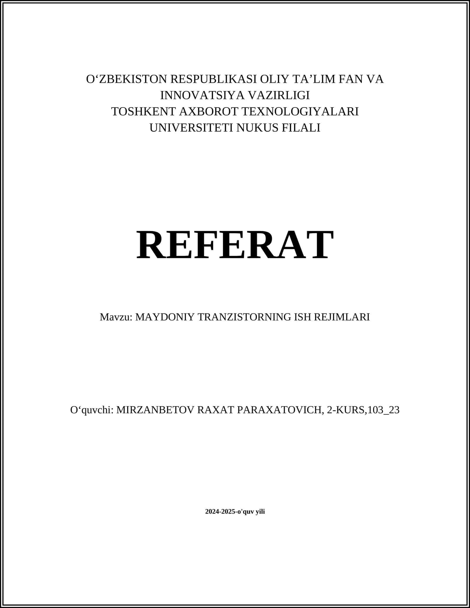 MAYDONIY TRANZISTORNING ISH REJIMLARI