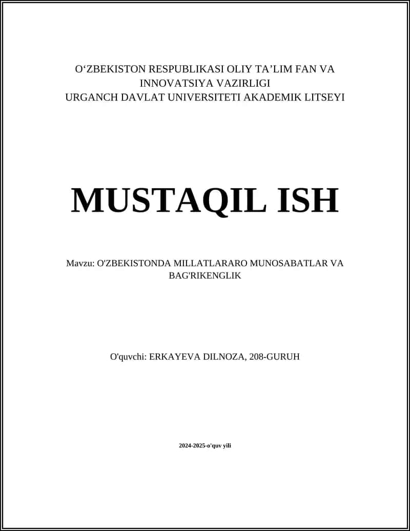 O'ZBEKISTONDA MILLATLARARO MUNOSABATLAR VA BAG'RIKENGLIK