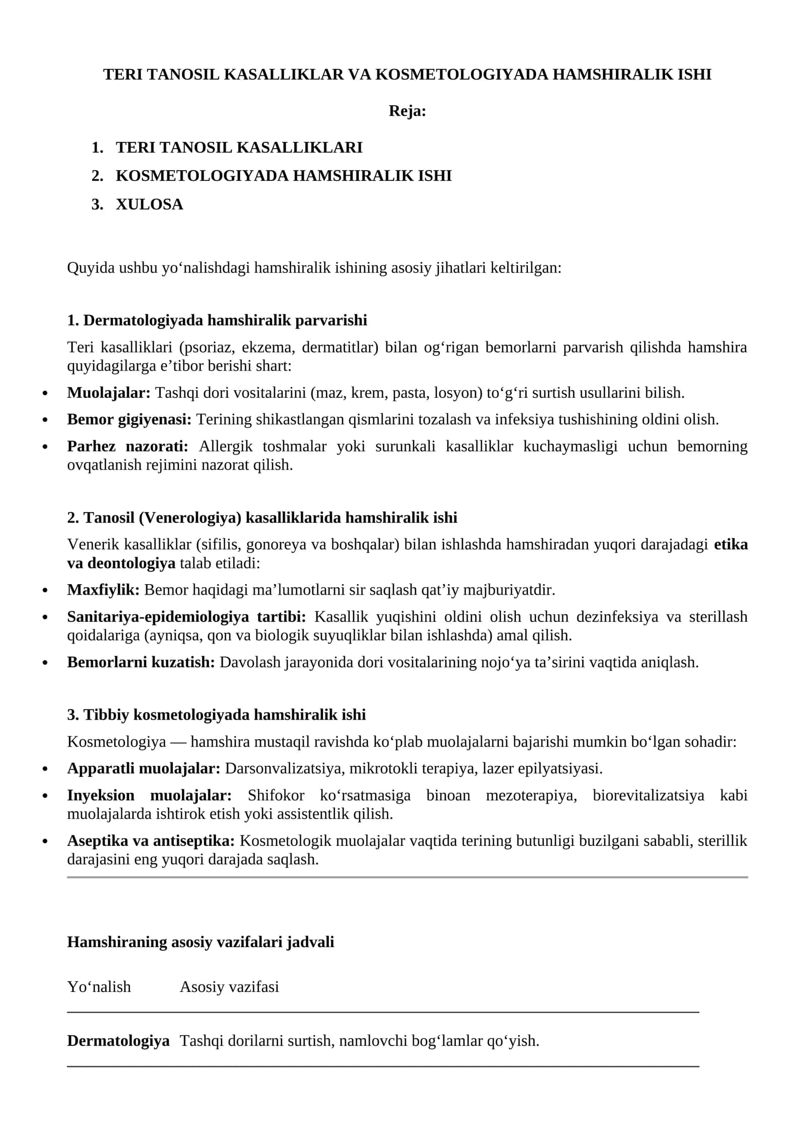 TERI TANOSIL KASALLIKLAR VA KOSMETOLOGIYADA HAMSHIRALIK ISHI