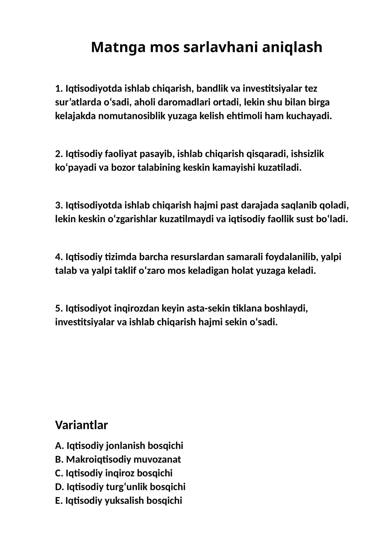 Matnga mos sarlavhani aniqlash (Iqtisodiyot)