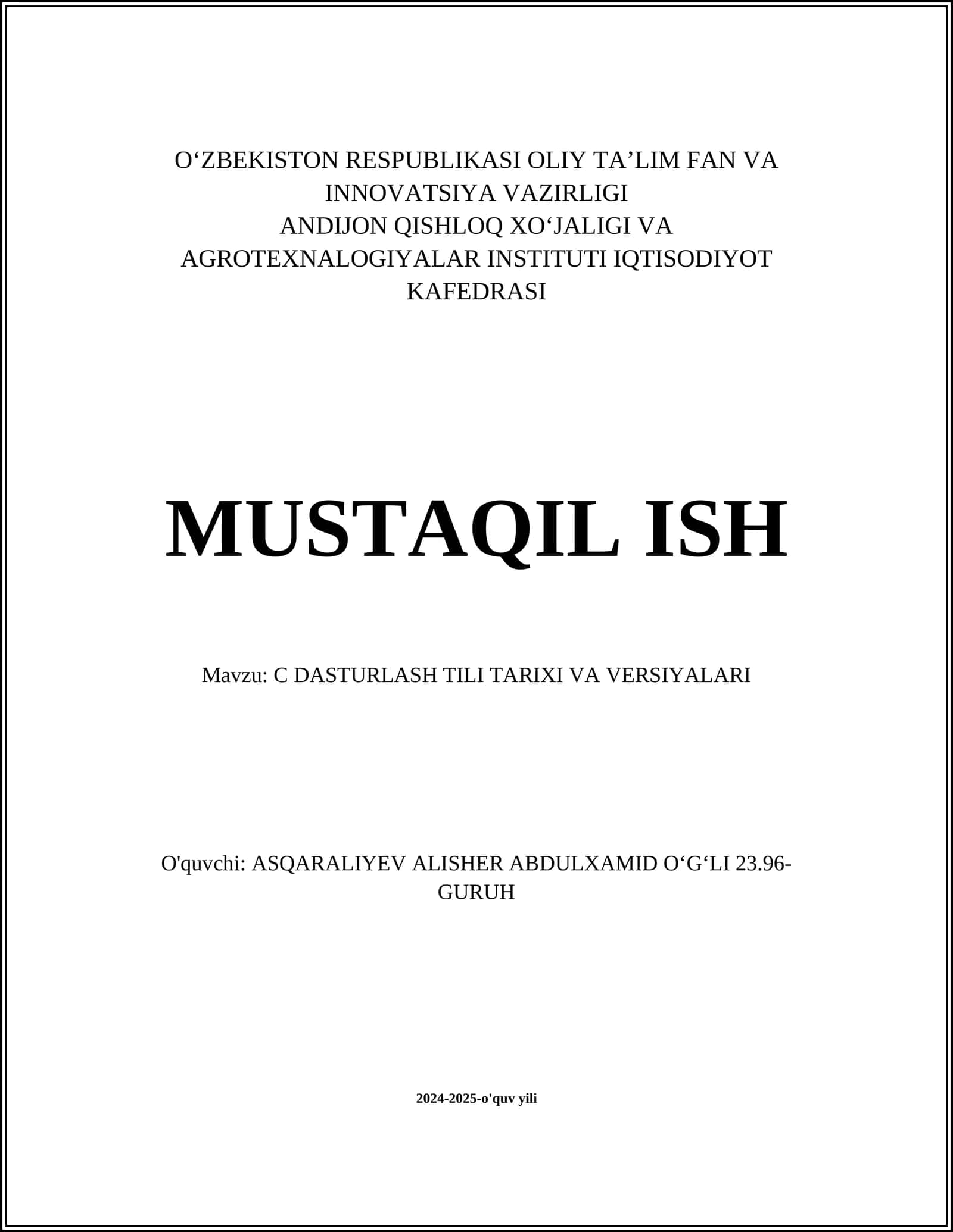 C DASTURLASH TILI TARIXI VA VERSIYALARI
