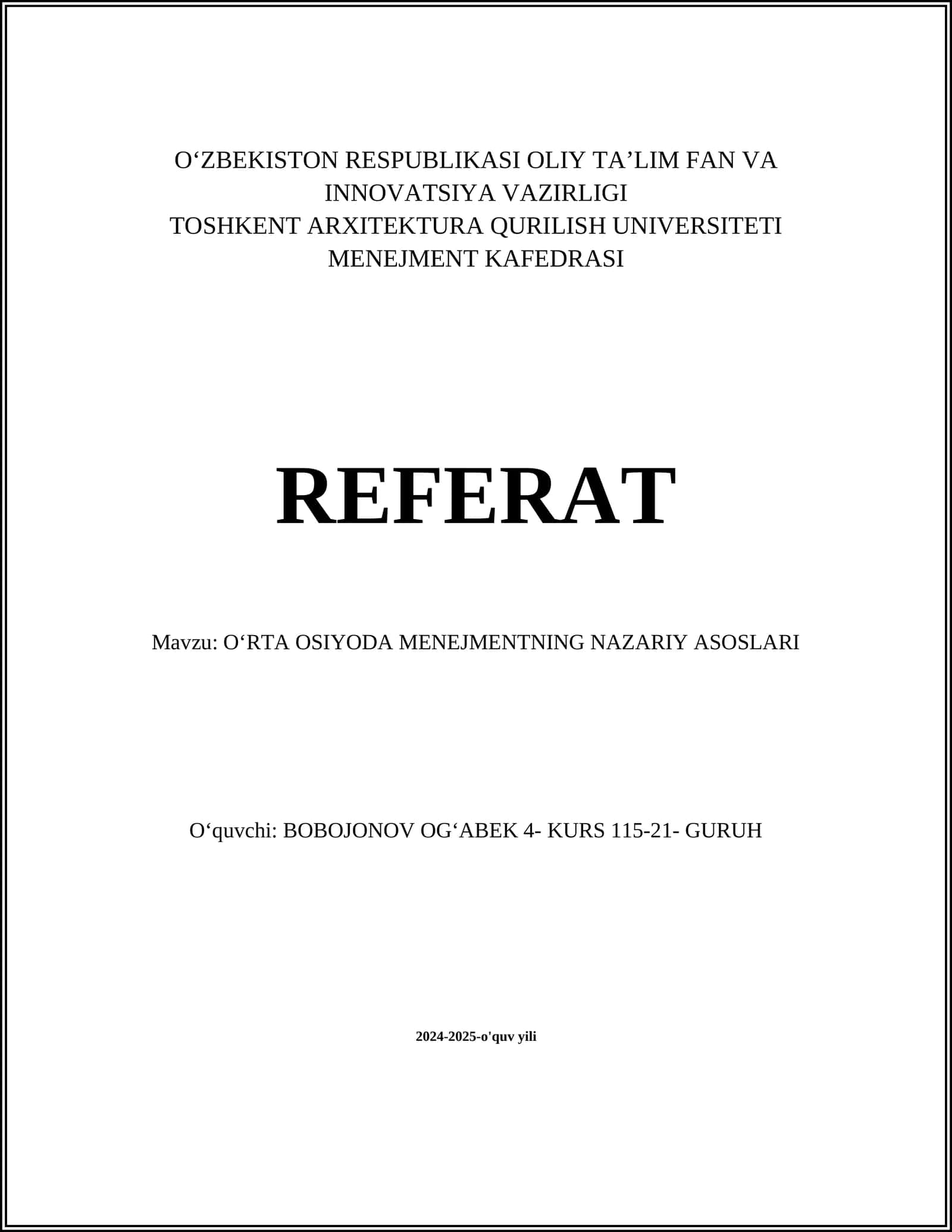O‘RTA OSIYODA MENEJMENTNING NAZARIY ASOSLARI