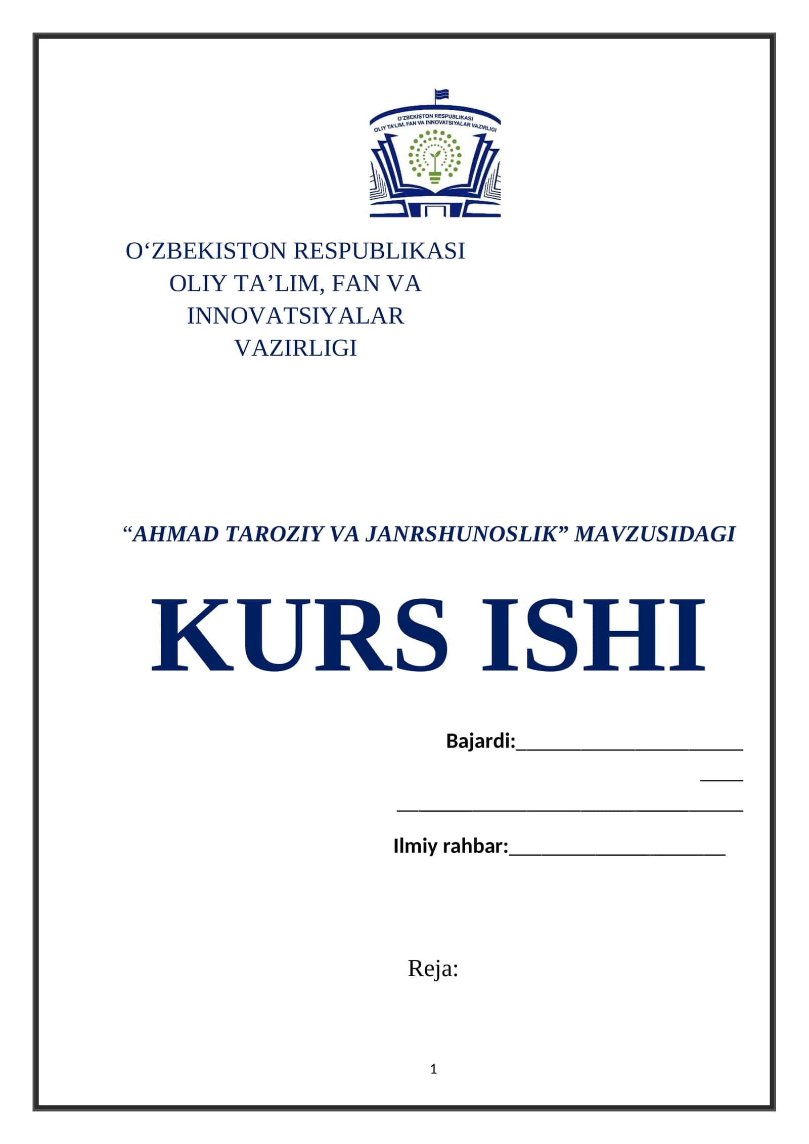 “AHMAD TAROZIY VA JANRSHUNOSLIK” MAVZUSIDAGI KURS ISHI