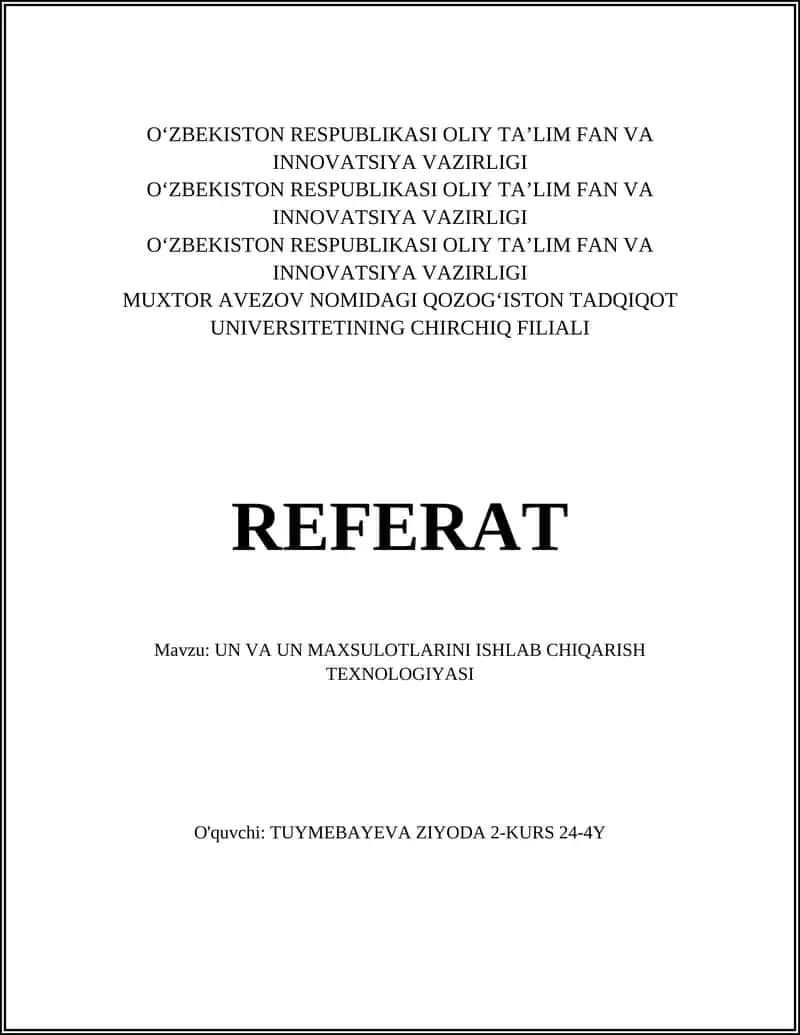 UN VA UN MAXSULOTLARINI ISHLAB CHIQARISH TEXNOLOGIYASI