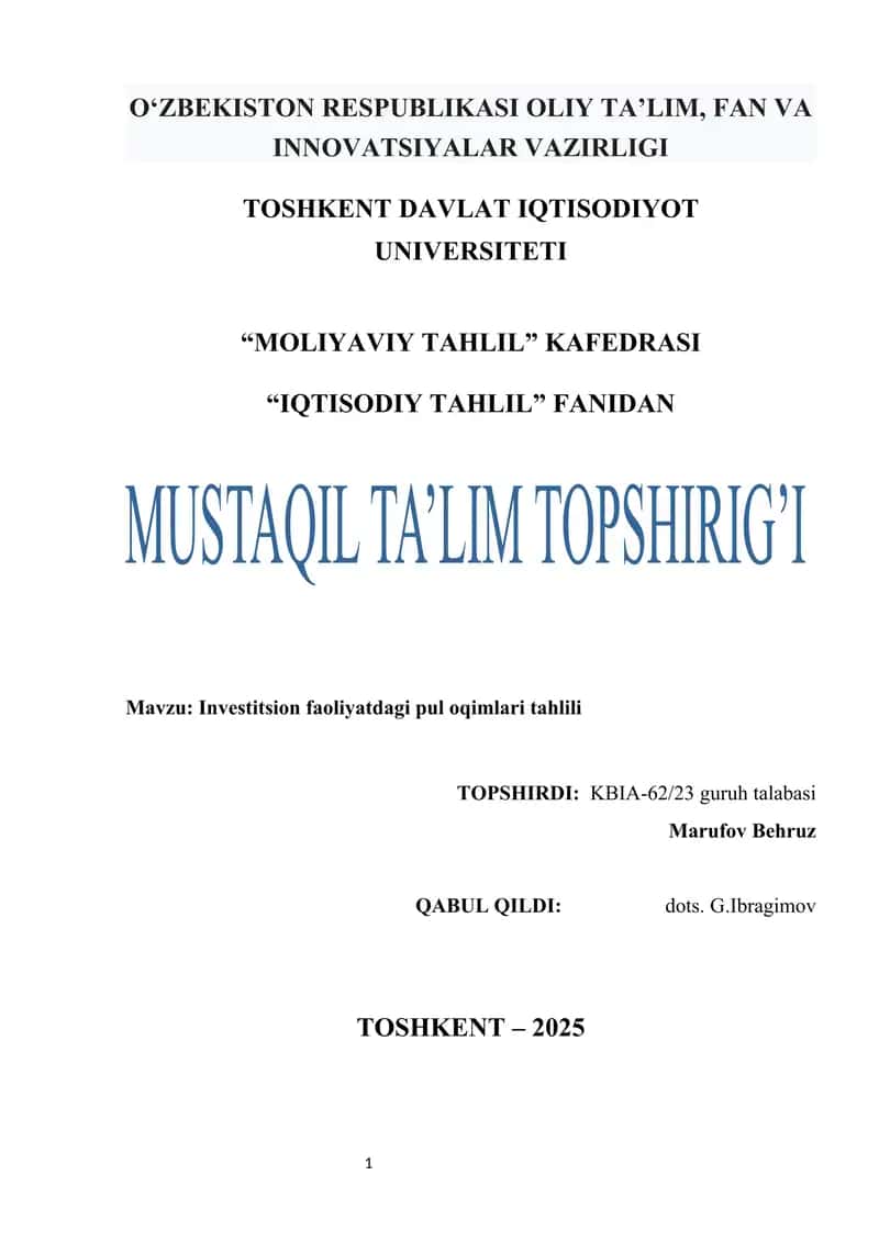 Investitsion faoliyatdagi pul oqimlari tahlili