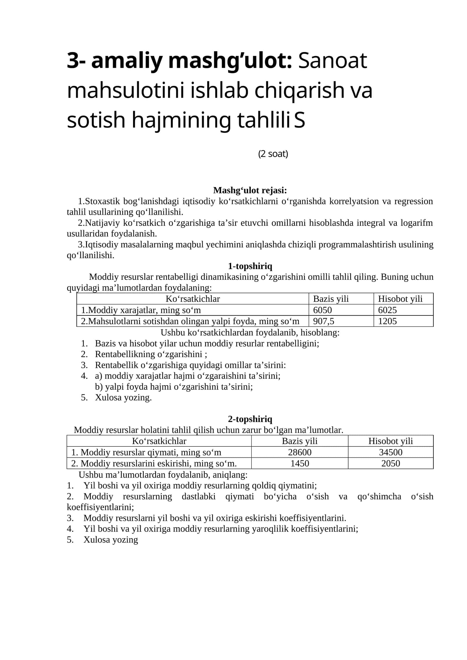 Sanoat mahsulotini ishlab chiqarish va sotish hajmining tahlili