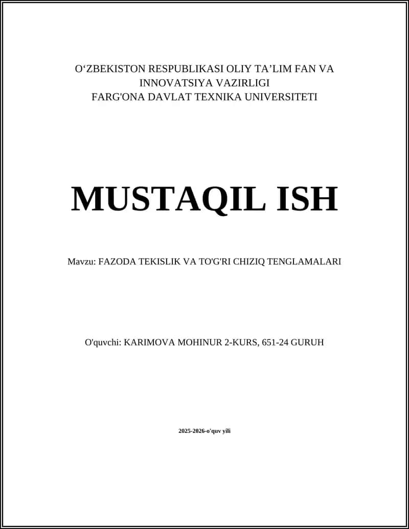 FAZODA TEKISLIK VA TO'G'RI CHIZIQ TENGLAMALARI
