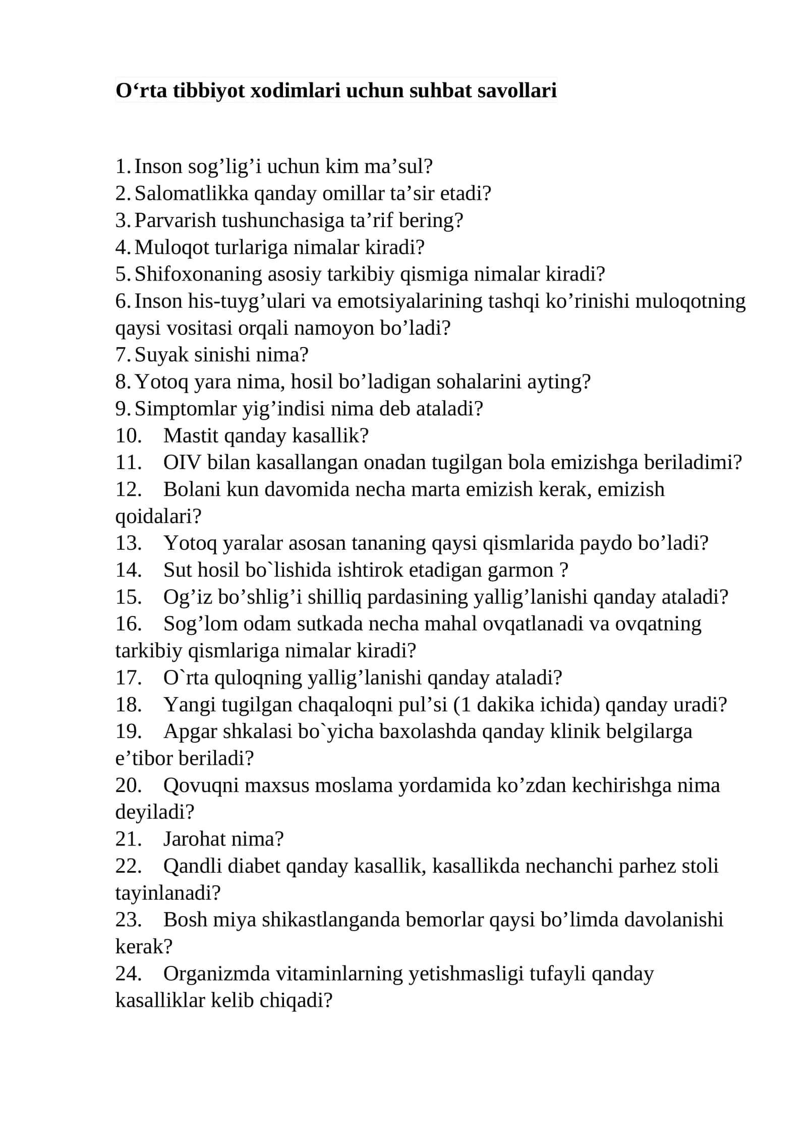 Argos suhbat sog'liqni saqlash (O‘rta tibbiyot xodimlari uchun) suhbat savollari