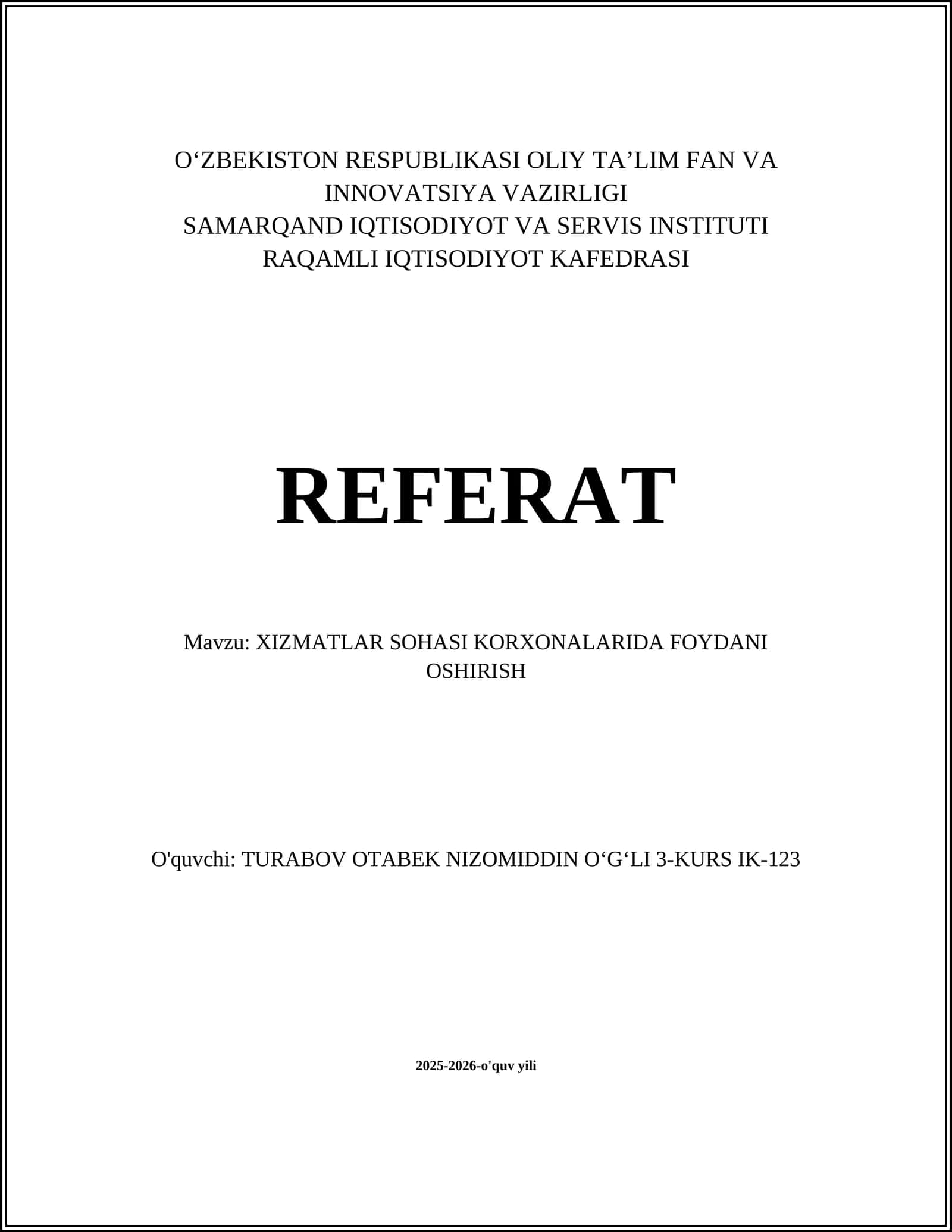 XIZMATLAR SOHASI KORXONALARIDA FOYDANI OSHIRISH