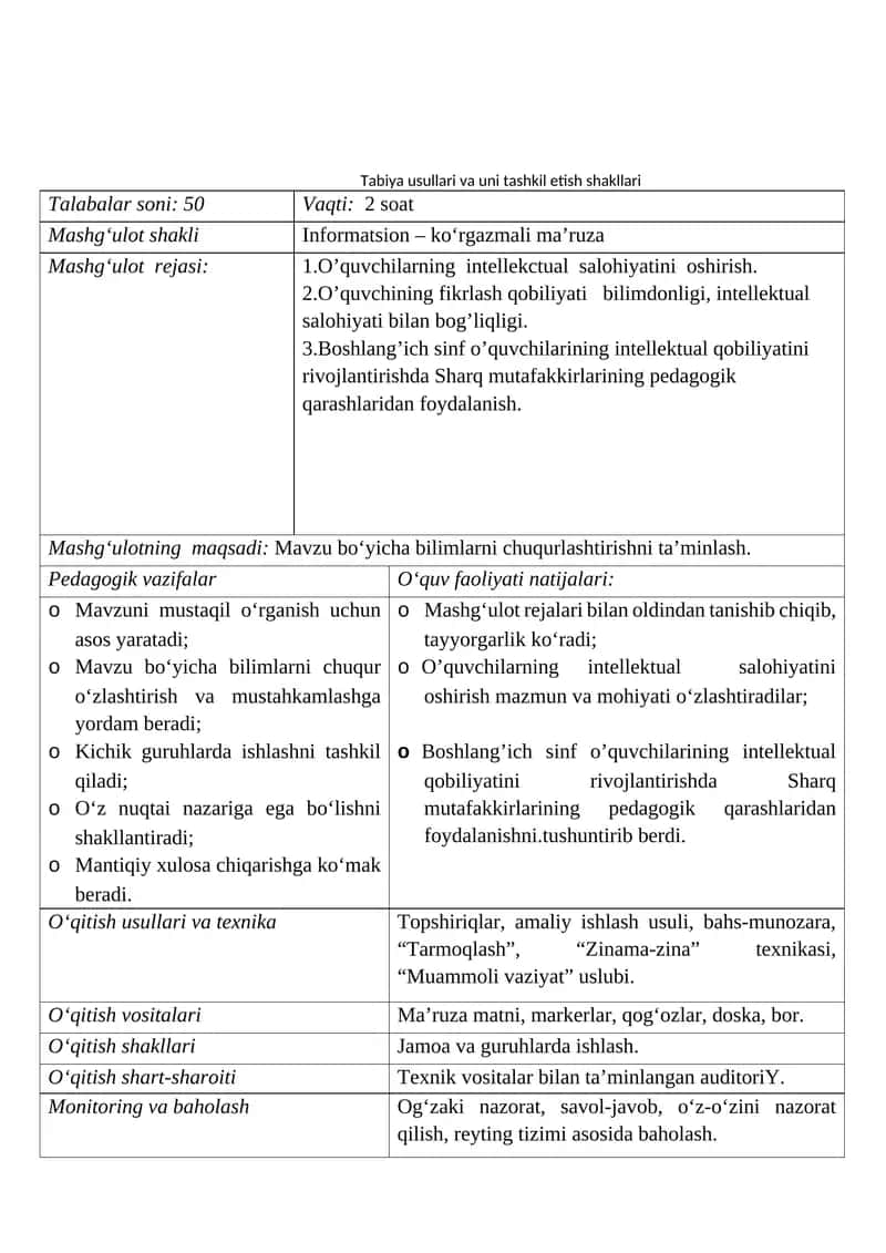 Tabiya usullari va uni tashkil etish shakllari