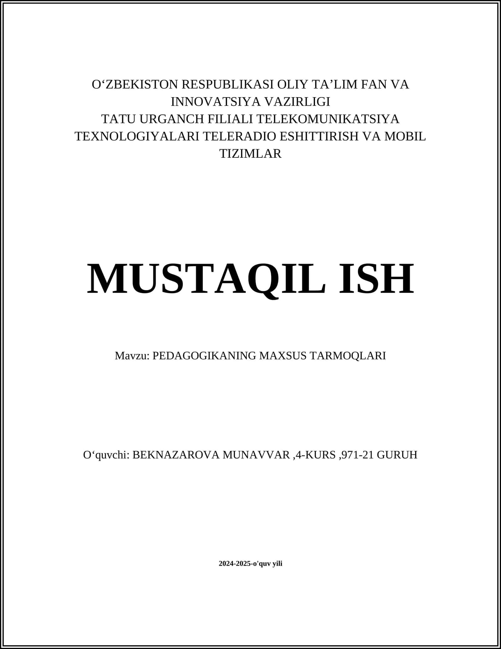 PEDAGOGIKANING MAXSUS TARMOQLARI
