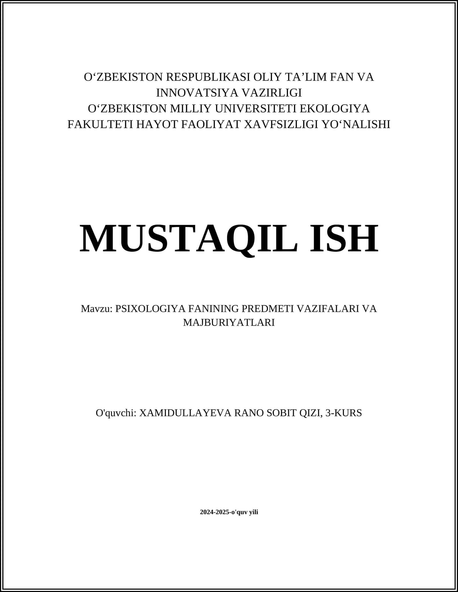 PSIXOLOGIYA FANINING PREDMETI VAZIFALARI VA MAJBURIYATLARI