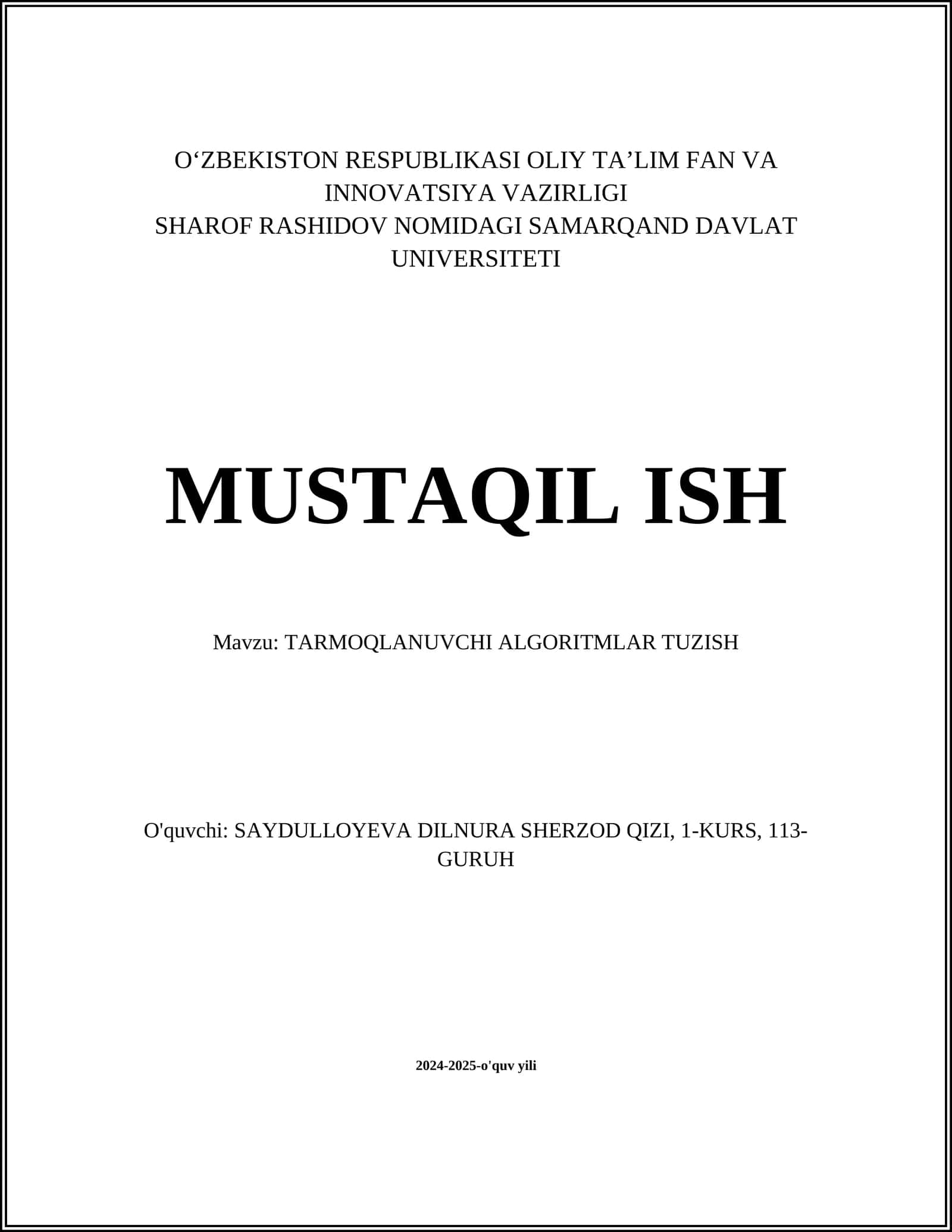 TARMOQLANUVCHI ALGORITMLAR TUZISH