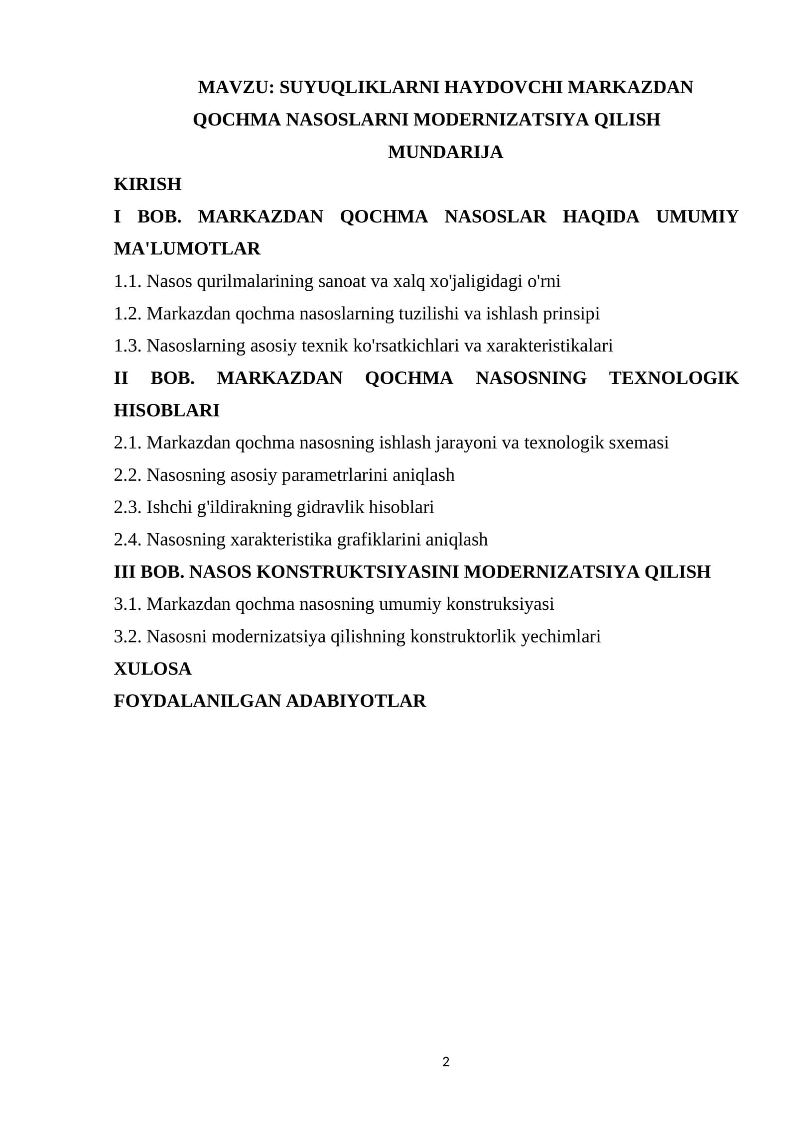 SUYUQLIKLARNI HAYDOVCHI MARKAZDAN QOCHMA NASOSLARNI MODERNIZATSIYA QILISH