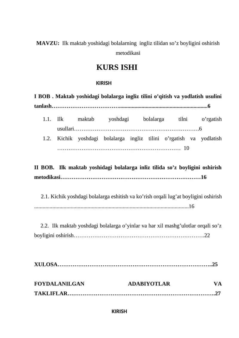 Ilk maktab yoshidagi bolalarning ingliz tilidan so’z boyligini oshirish metodikasi