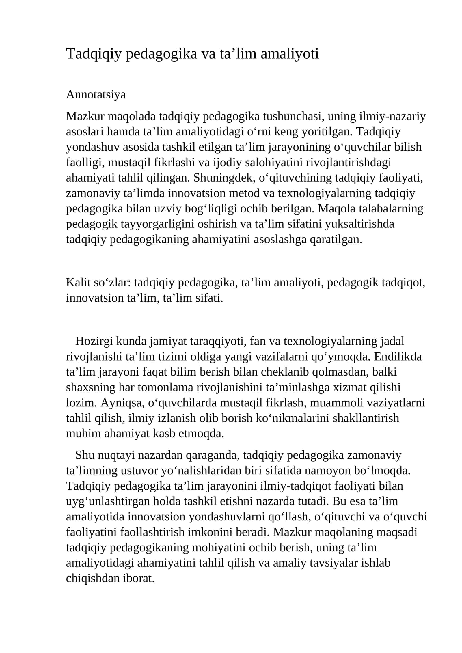 Tadqiqiy pedagogika va ta’lim amaliyoti