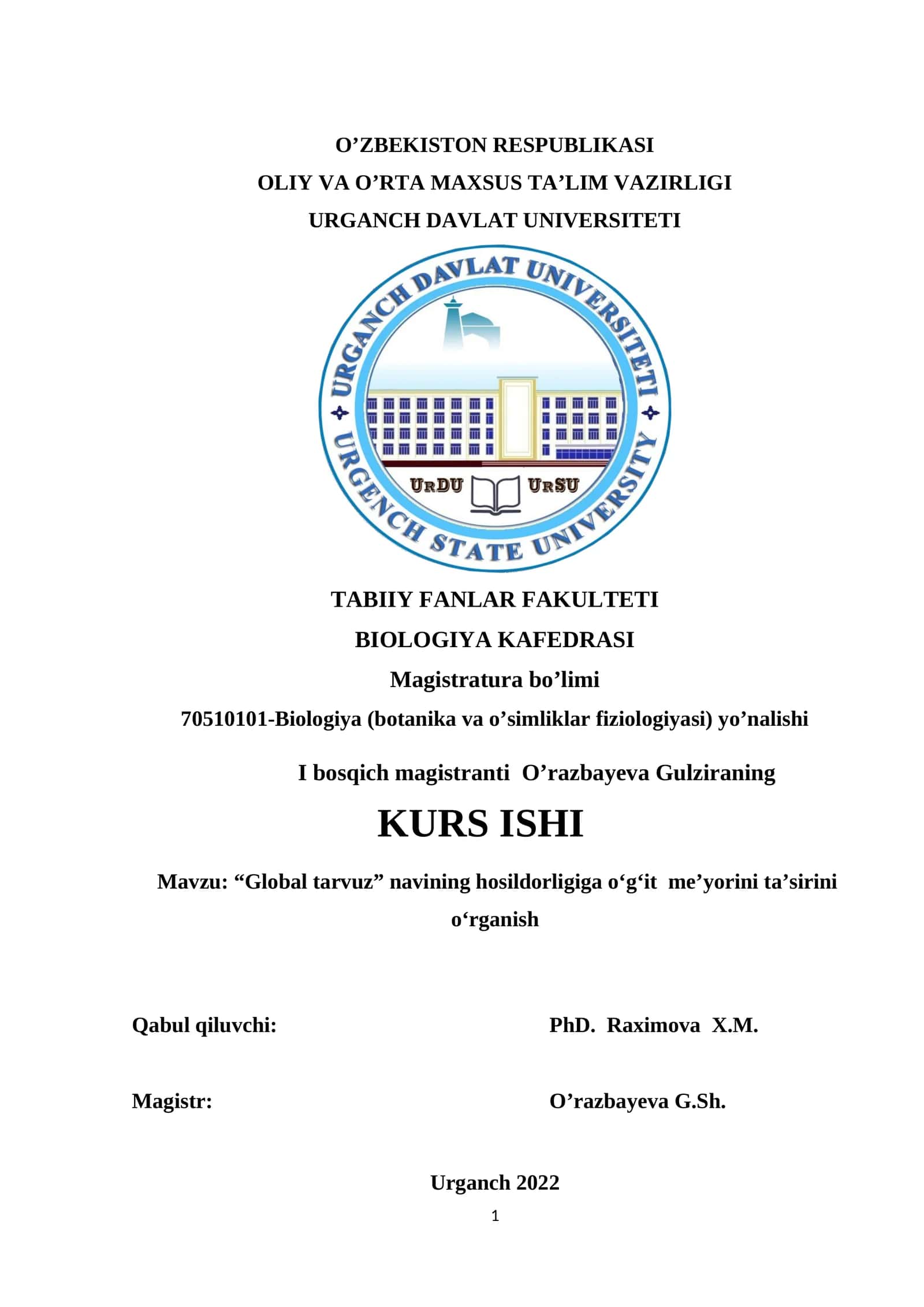 "Global tarvuz" navining hosildorligiga oʻgʻit me’yorini ta’sirini oʻrganish