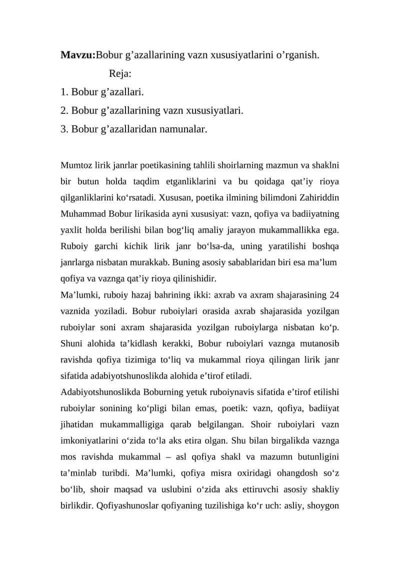 Bobur g’azallarining vazn xususiyatlarini o’rganish