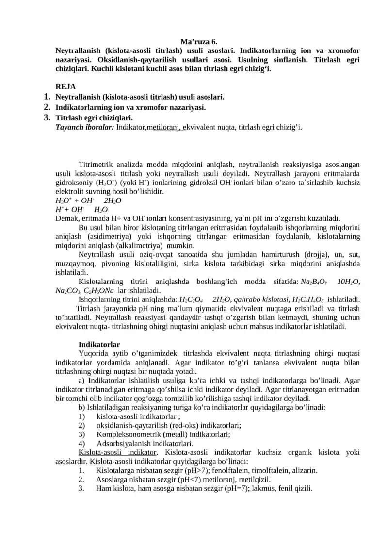 Neytrallanish (kislota-asosli titrlash) usuli