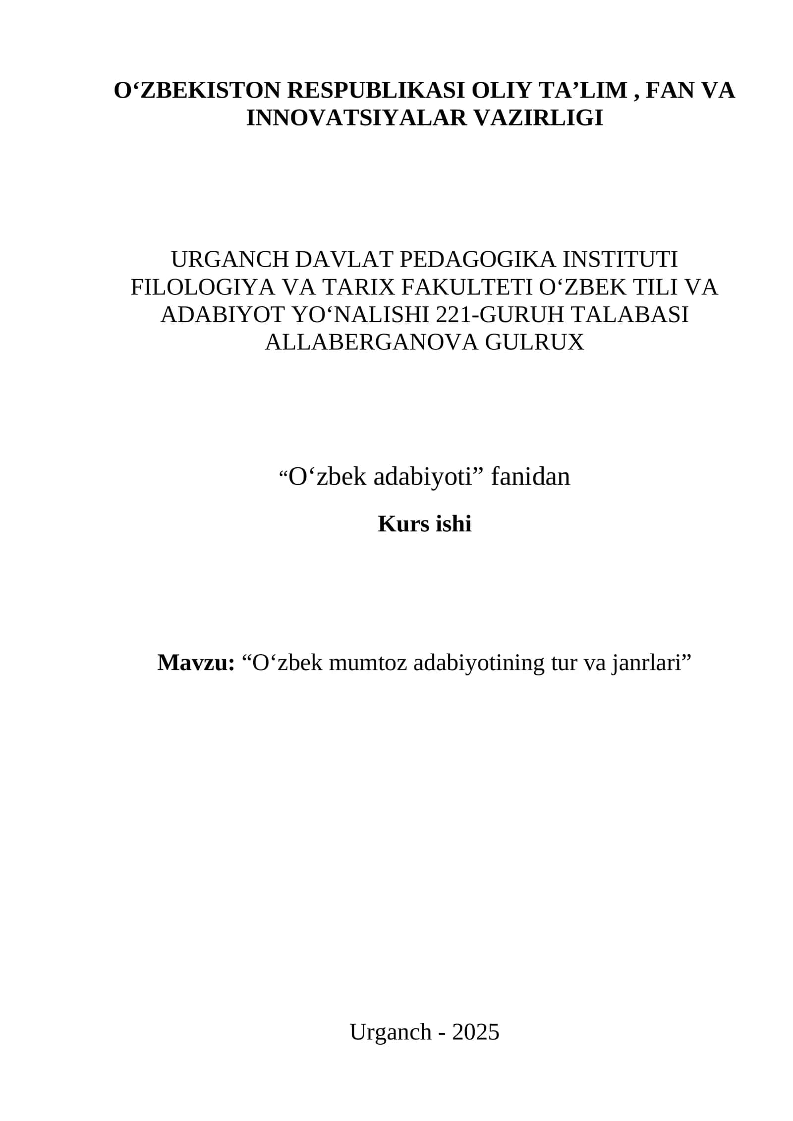 O‘zbek mumtoz adabiyoti Kurs ishi
