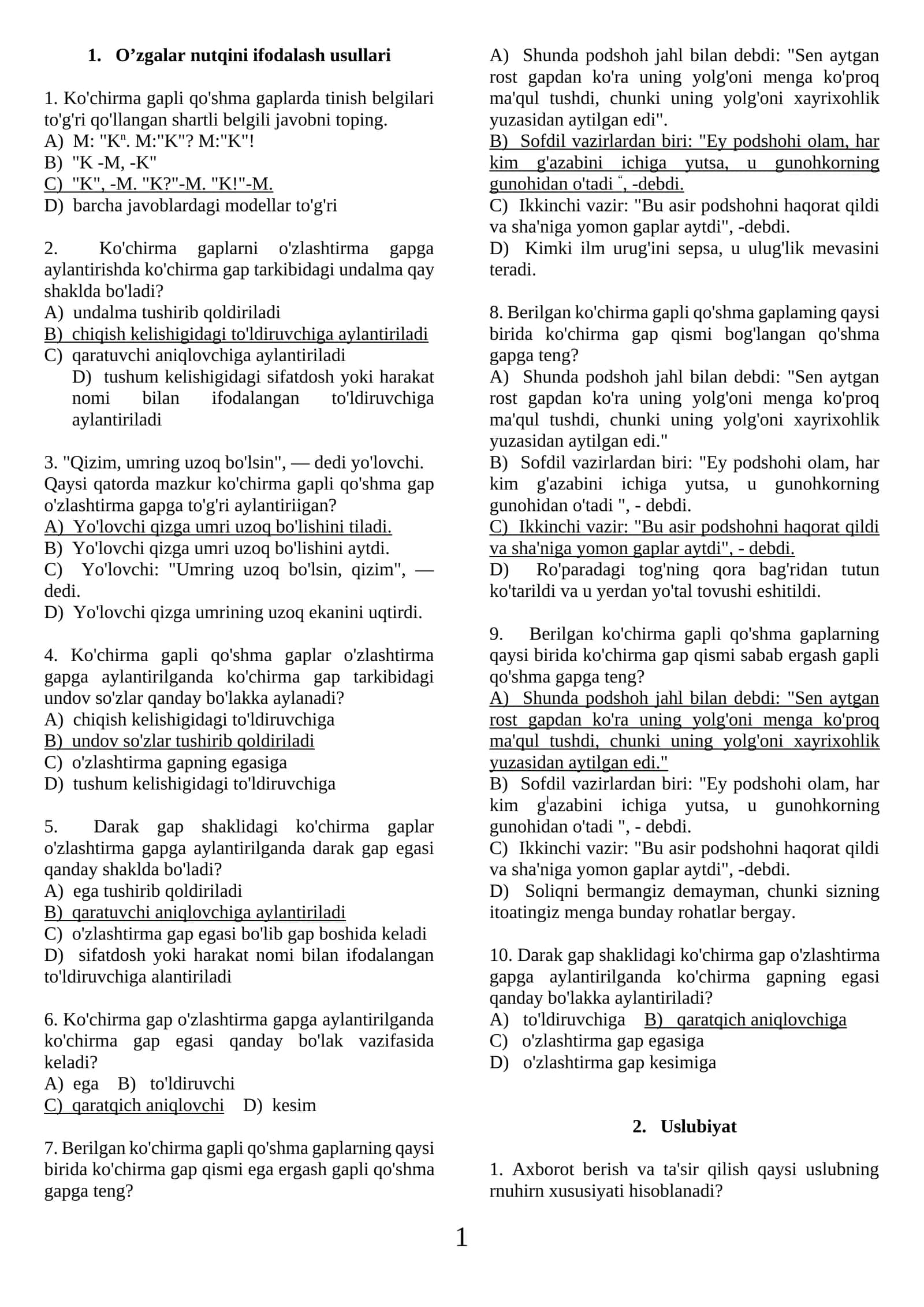 Uslubiyat, punktuatsiya, ko'chirma gap testlar