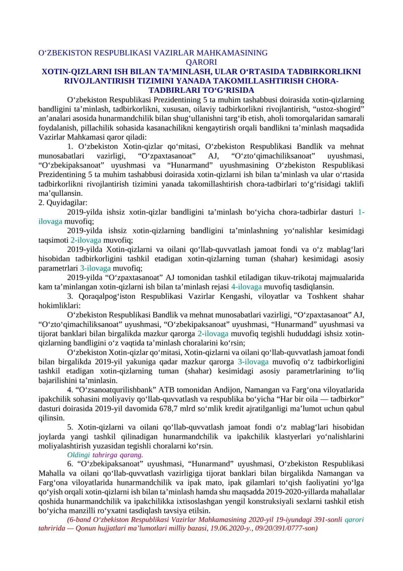 XOTIN-QIZLARNI ISH BILAN TA’MINLASH, ULAR O‘RTASIDA TADBIRKORLIKNI RIVOJLANTIRISH TIZIMINI YANADA TAKOMILLASHTIRISH CHORA-TADBIRLARI TO‘G‘RISIDA