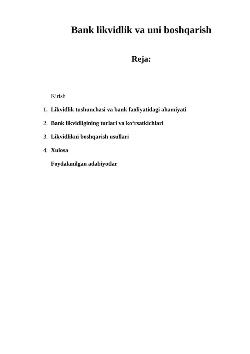 Bank likvidlik va uni boshqarish