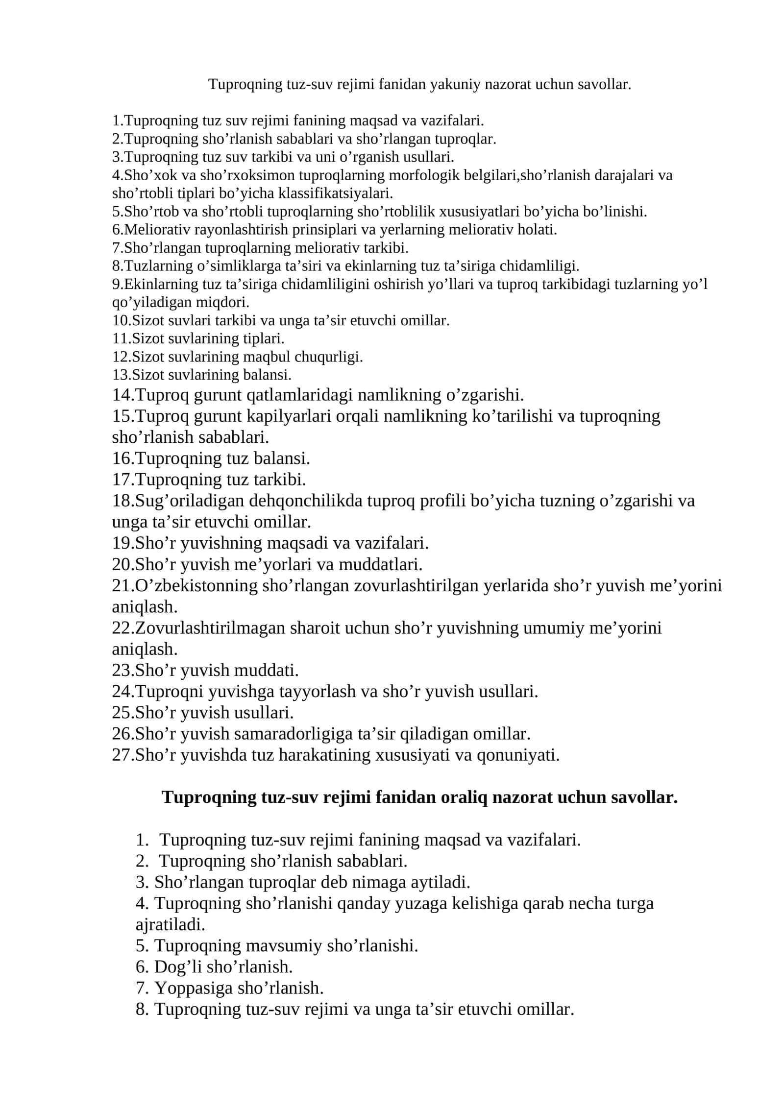 Tuproqning tuz-suv rejimi fanidan yakuniy nazorat uchun savollar