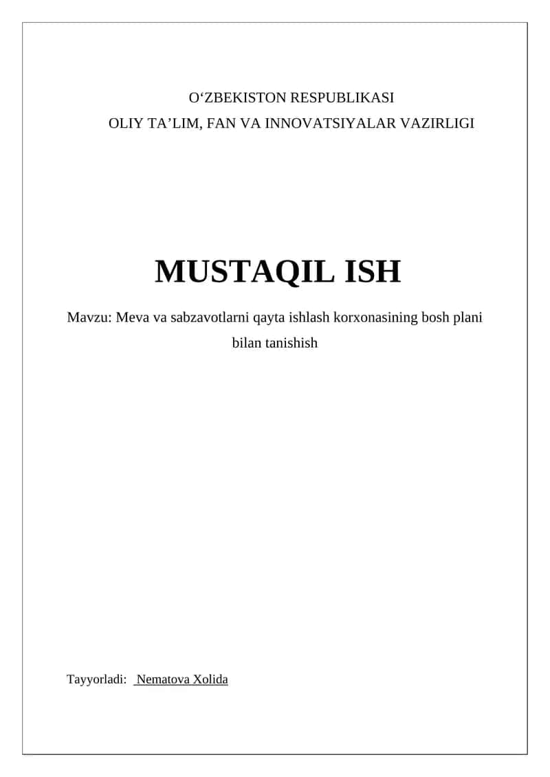 Meva va sabzavotlarni qayta ishlash korxonasining bosh plani