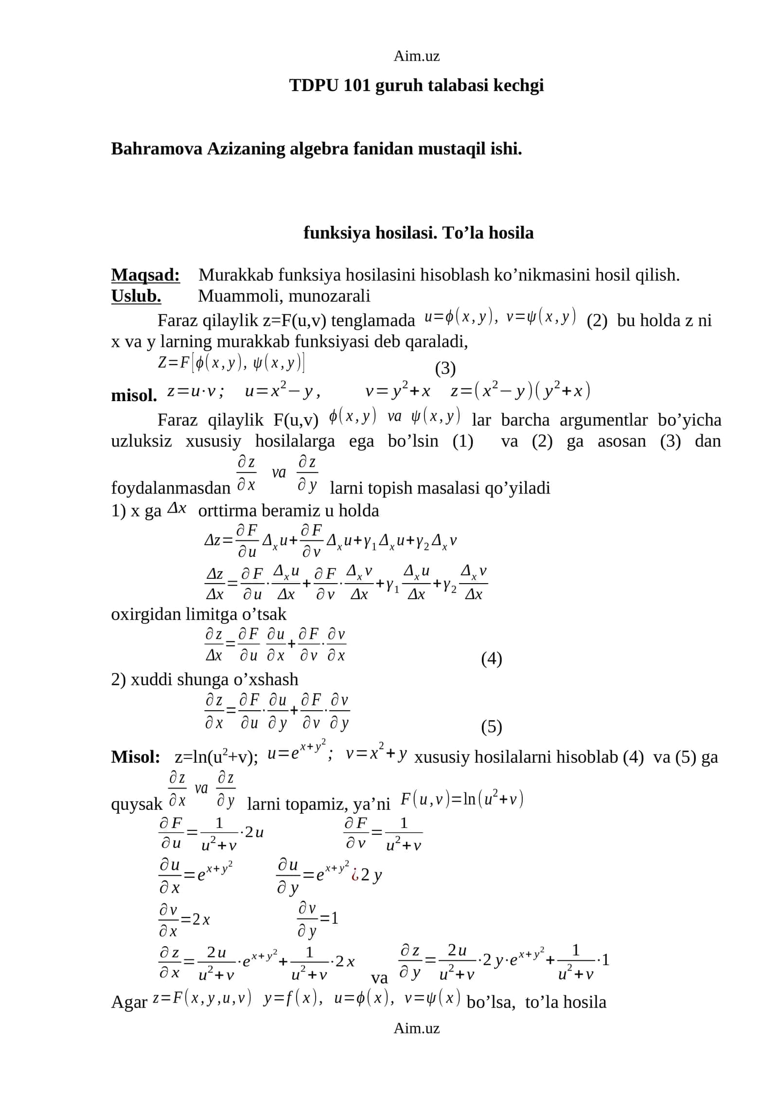 Bahramova Azizaning algebra fanidan mustaqil ishi