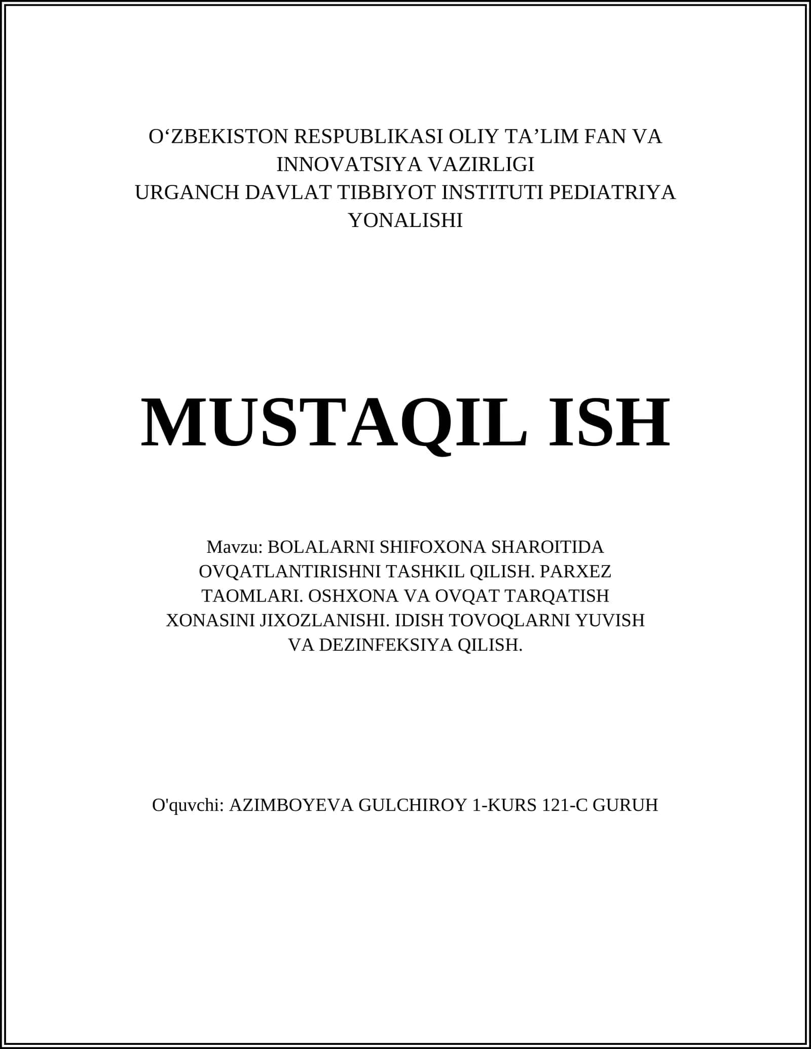 Bolalarni shifoxonada ovqatlantirish