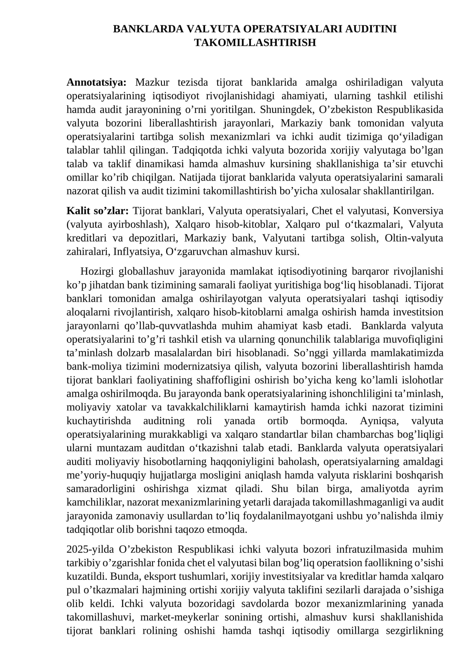 BANKLARDA VALYUTA OPERATSIYALARI AUDITINI TAKOMILLASHTIRISH