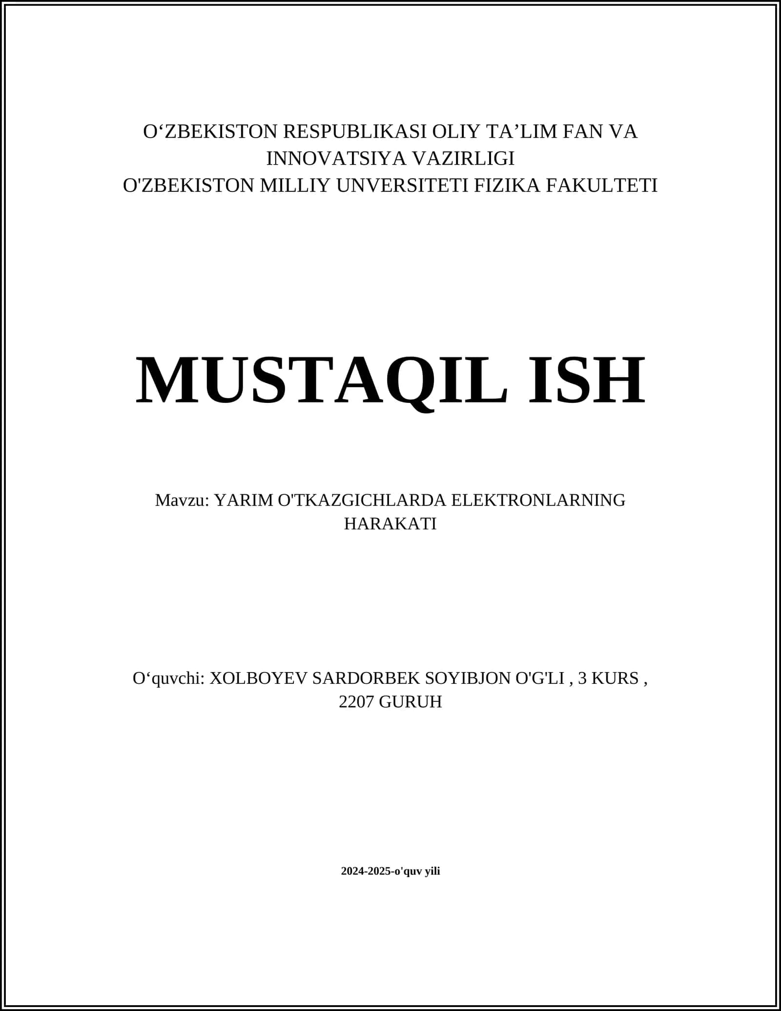 YARIM O'TKAZGICHLARDA ELEKTRONLARNING HARAKATI