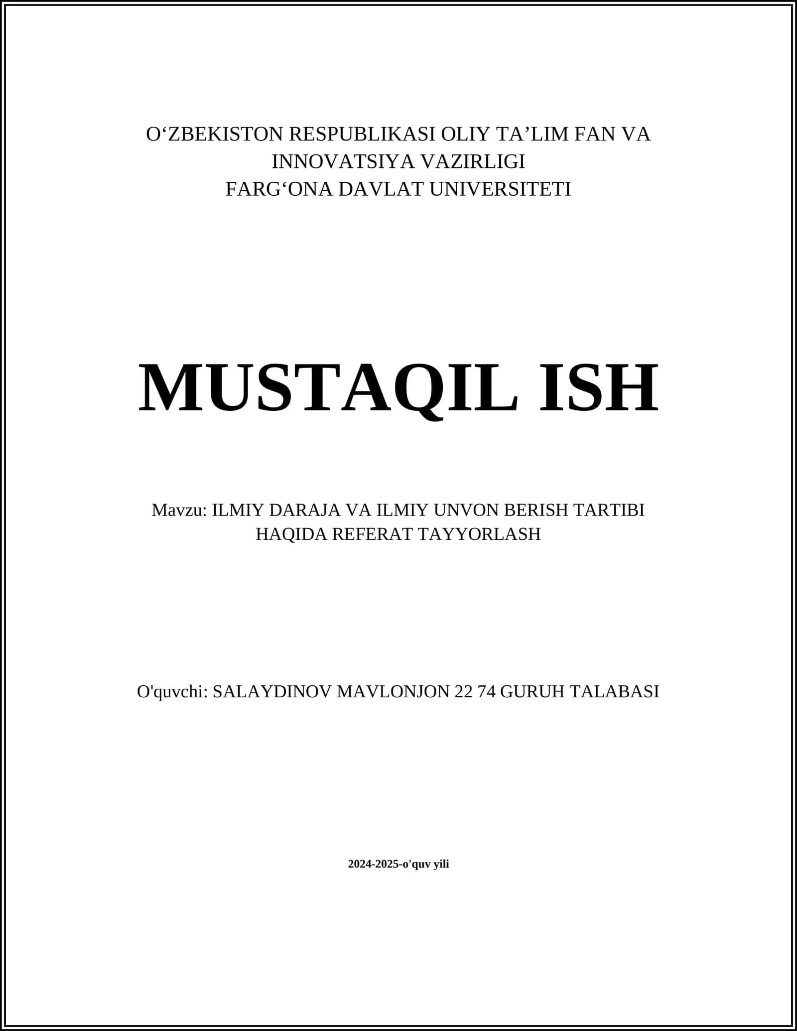 ILMIY DARAJA VA ILMIY UNVON BERISH TARTIBI HAQIDA REFERAT TAYYORLASH