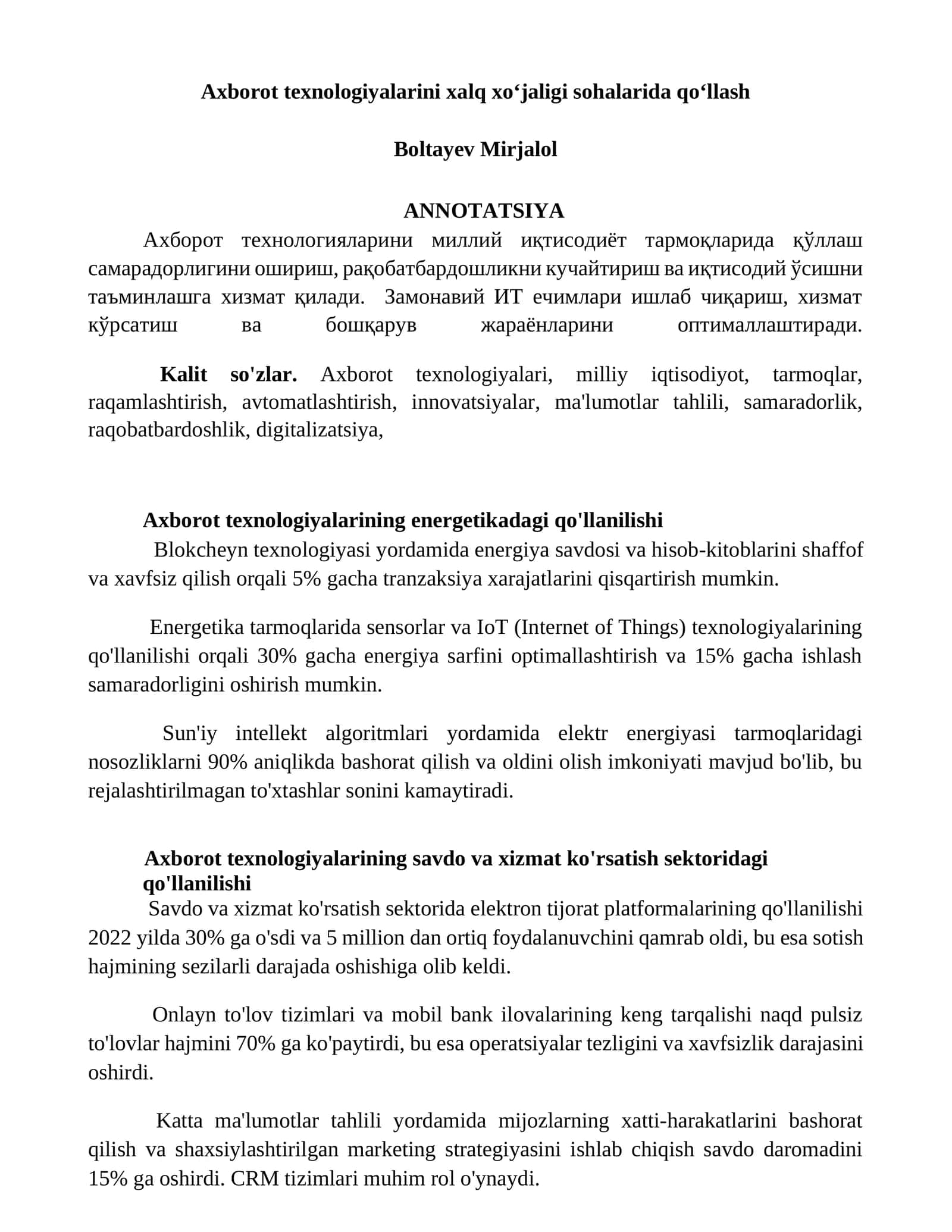 Axborot texnologiyalarini xalq xo‘jaligi sohalarida qo‘llash
